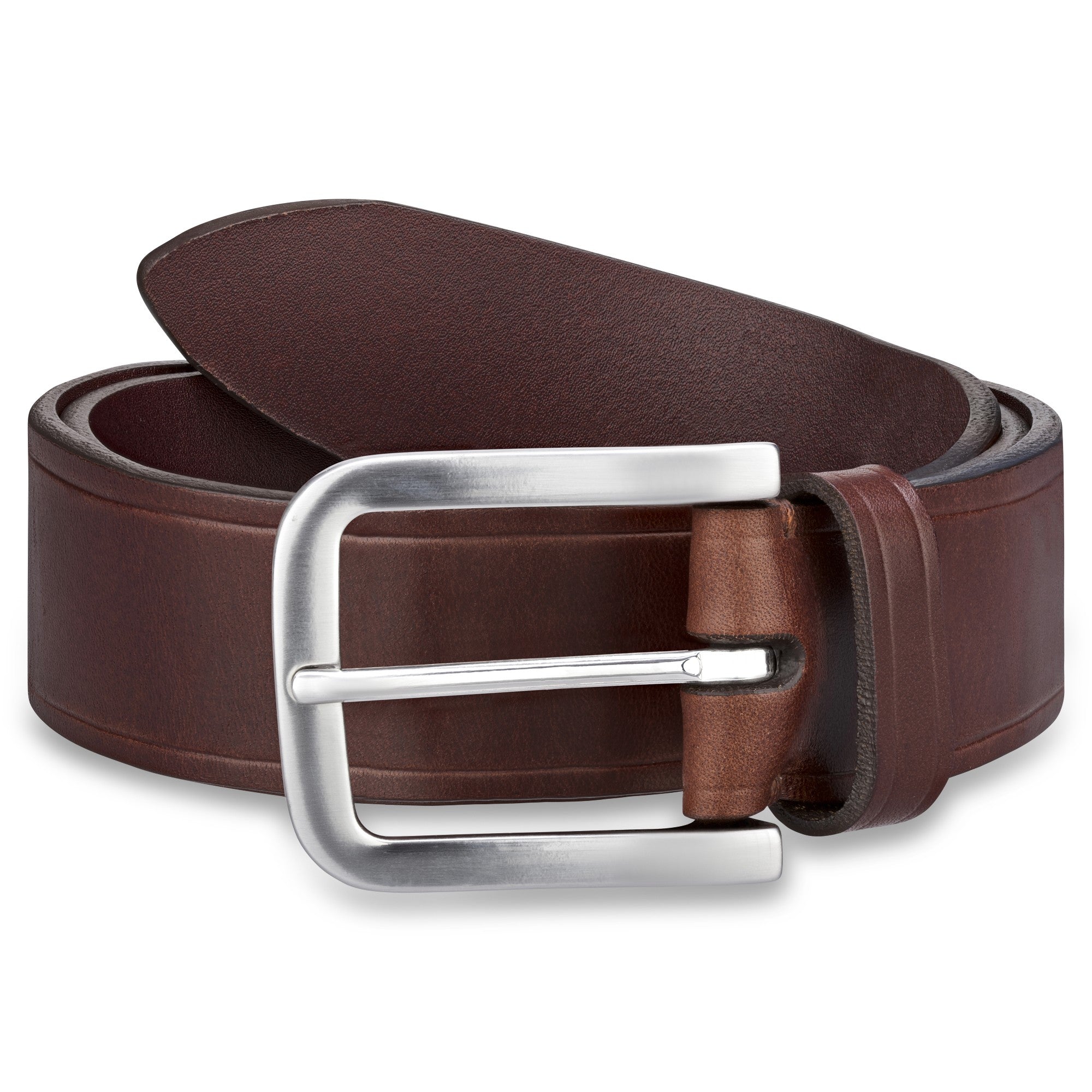 brauner Ledergürtel mit feiner Reifelung und Silberschnalle