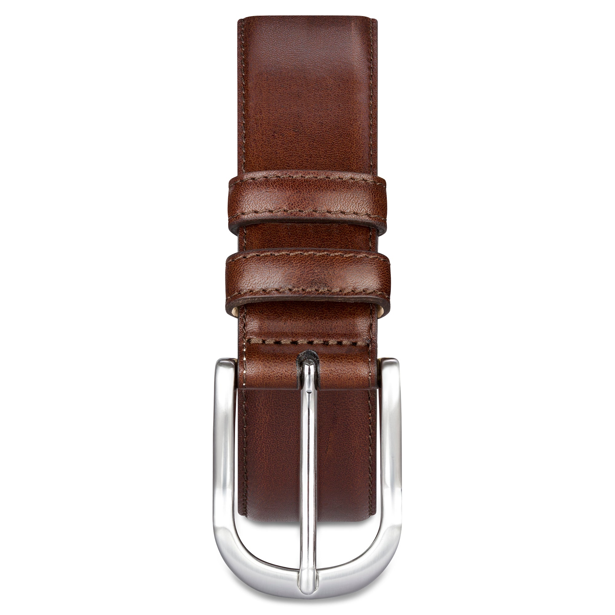 Klassischer, brauner Herren Anzug Ledergürtel mit naturellem Futterleder und silberner Schnalle. Das Modell ist bombiert und fein gesteppt. Der Gürtel hat 2 Schlaufen.