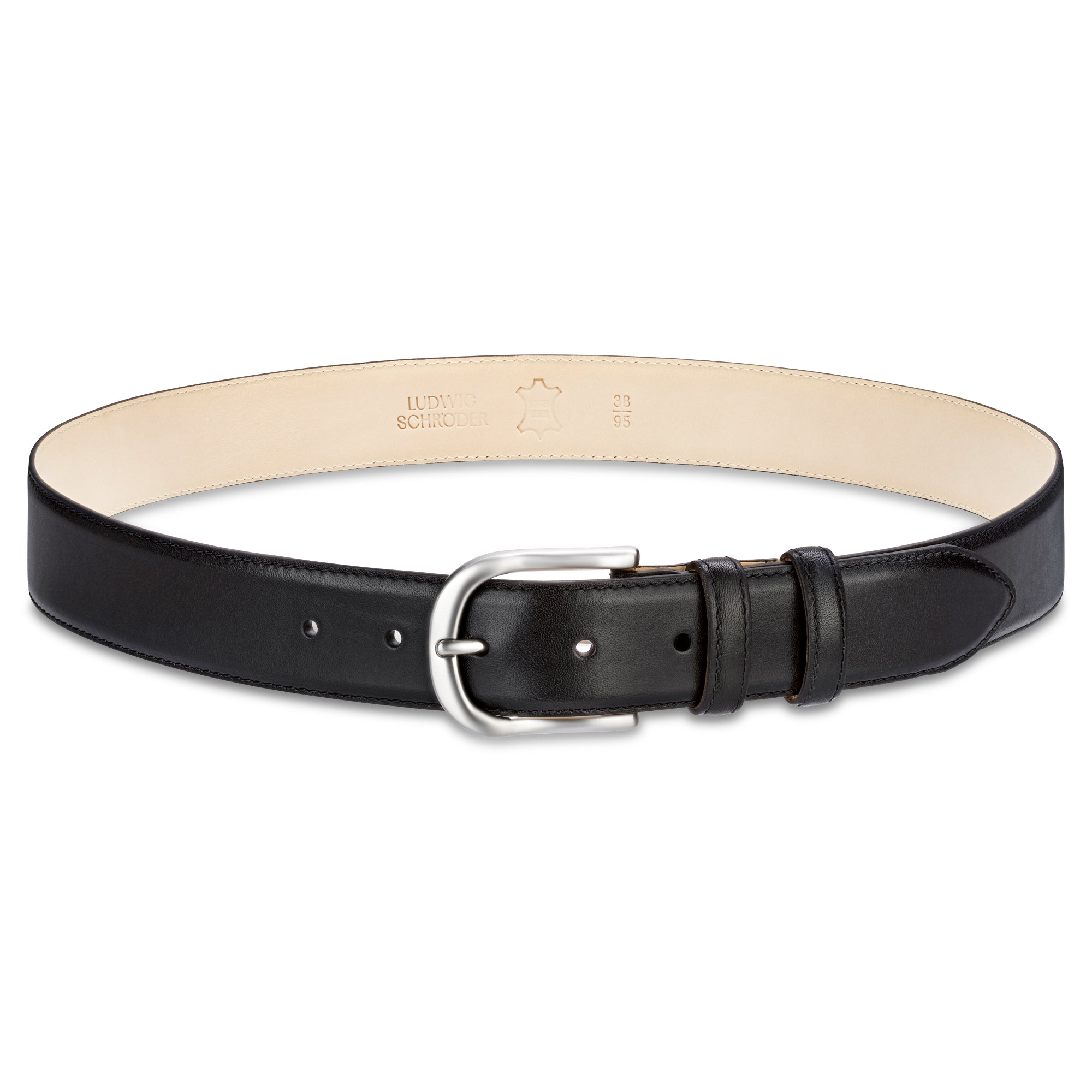 Klassischer, schwarzer Herren Anzug Ledergürtel mit naturellem Futterleder und silberner Schnalle. Das Modell ist bombiert und fein gesteppt. Der Gürtel hat zwei Schlaufen.