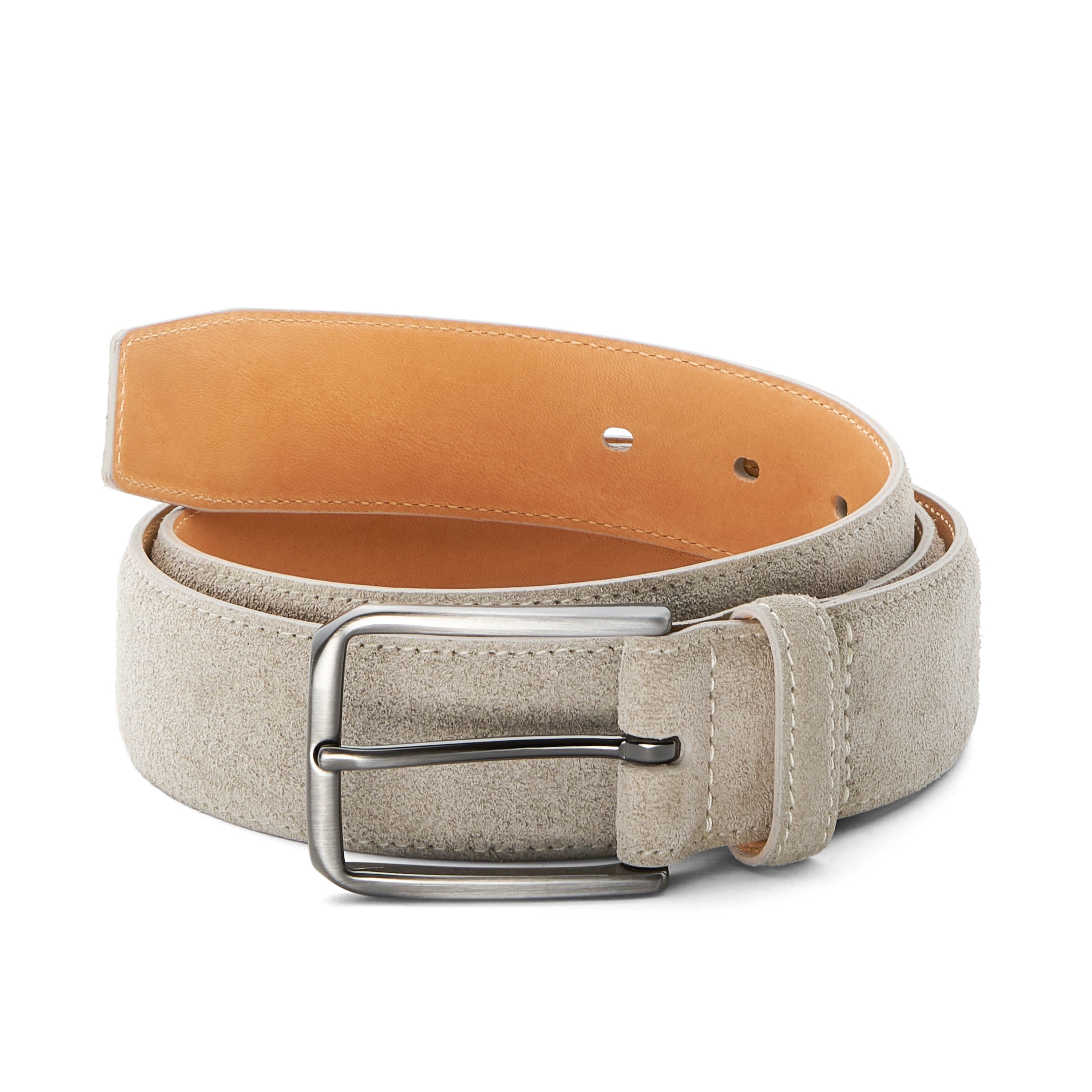Handgemachter Herren Velours Ledergürtel in hellgrau, bombiert und genäht. Silberfarbene Schnalle, naturelle Rückseite, Trapez-Spitze