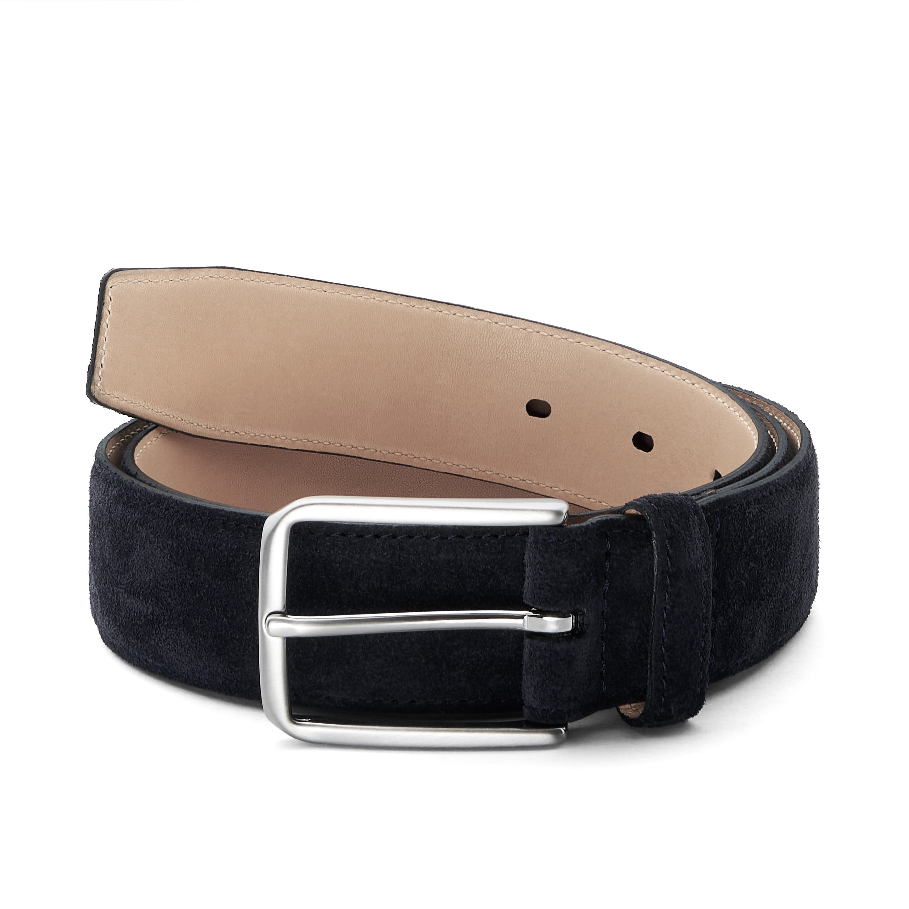 Handgemachter Herren Velours Ledergürtel in schwarz, bombiert und genäht. Silberfarbene Schnalle, naturelle Rückseite, Trapez-Spitze