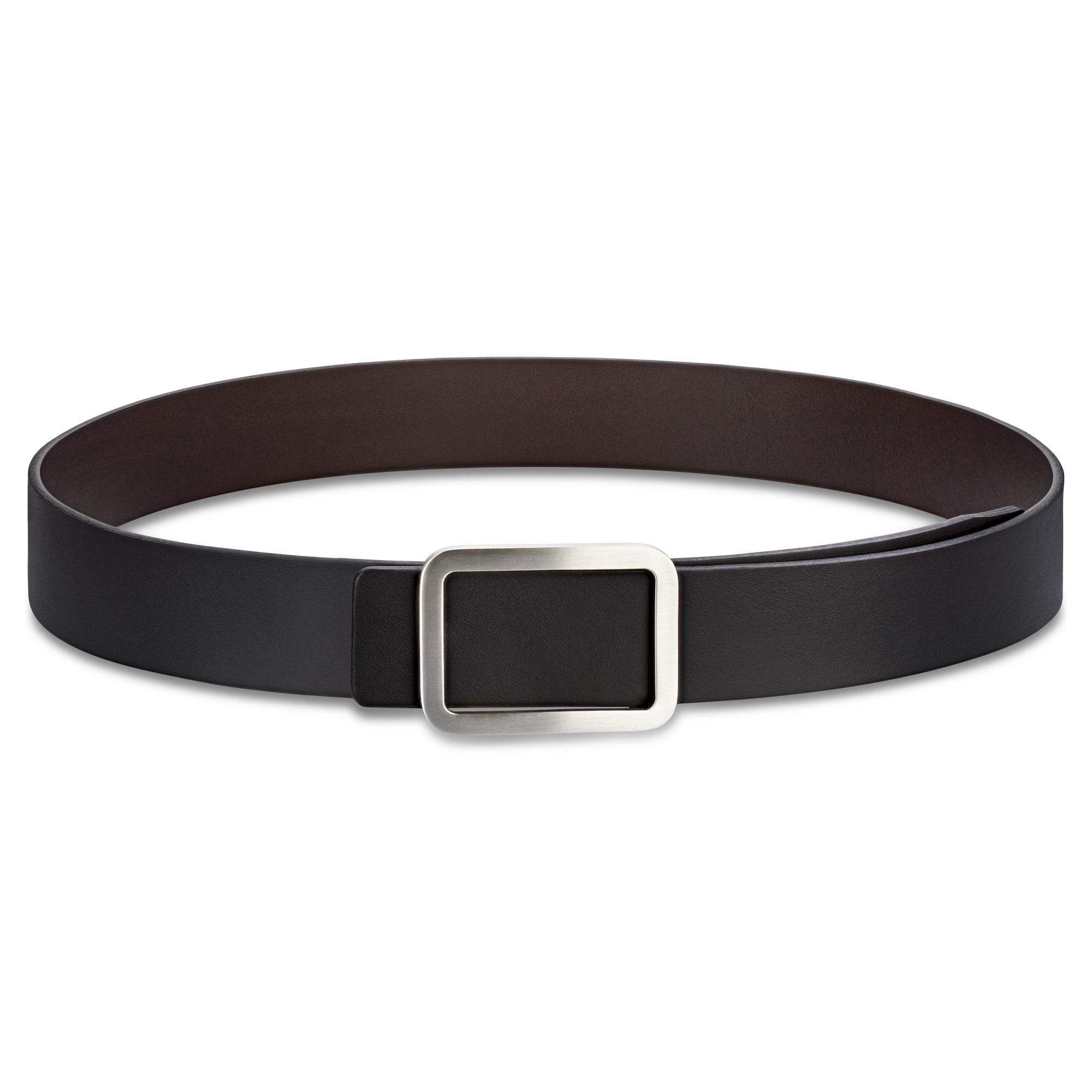 Edler Herren Wendegürtel in schwarz und dunkelbraun mit minimalistischer Gürtelschnalle in silber satiniert
