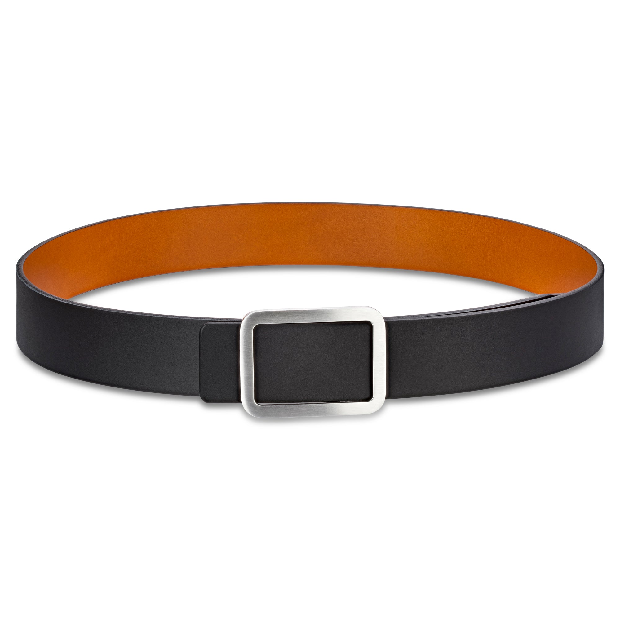 Edler Herren Wendegürtel in schwarz und cognac mit minimalistischer Gürtelschnalle in silber satiniert