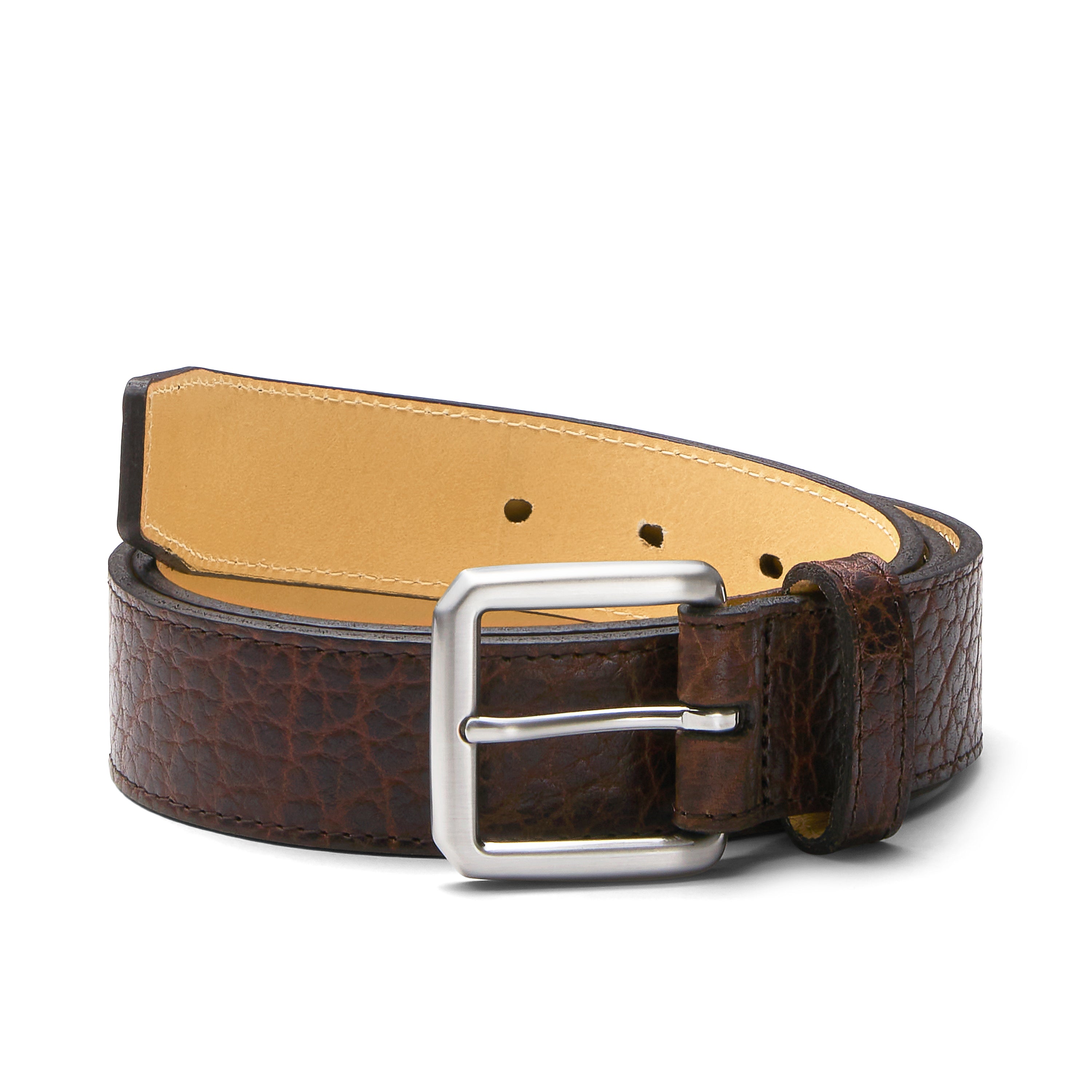 3,5cm eleganter breiter Herren Bisonleder Gürtel in braun mit natureller Rückseite und silberner