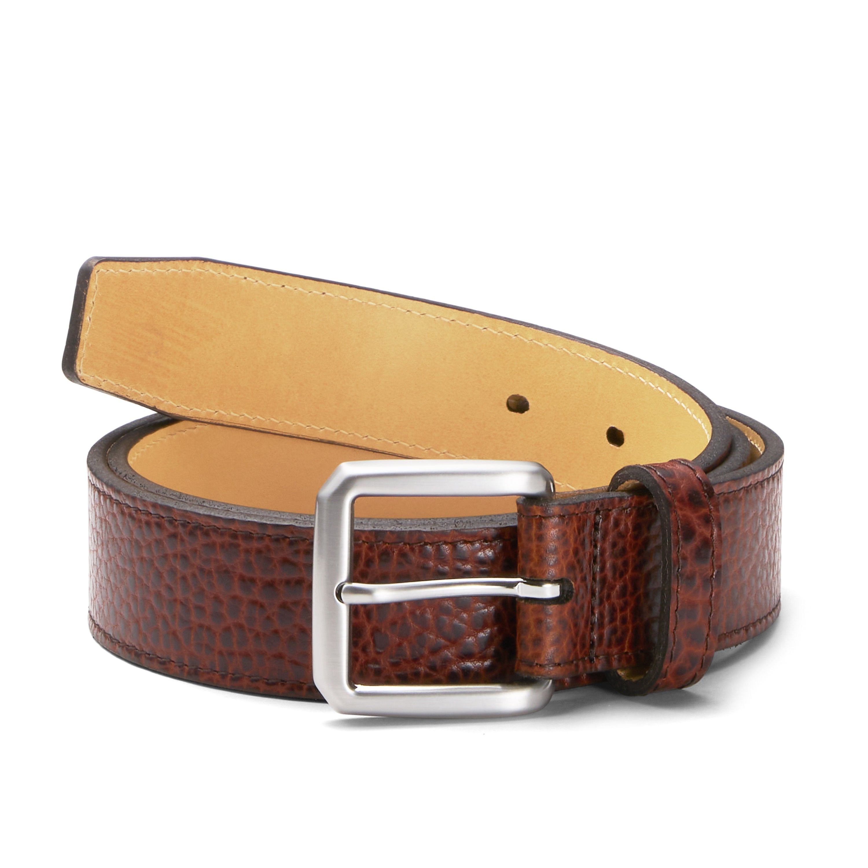 3,5cm eleganter breiter Herren Bisonleder Gürtel in cognac mit natureller Rückseite und silberner Schnalle