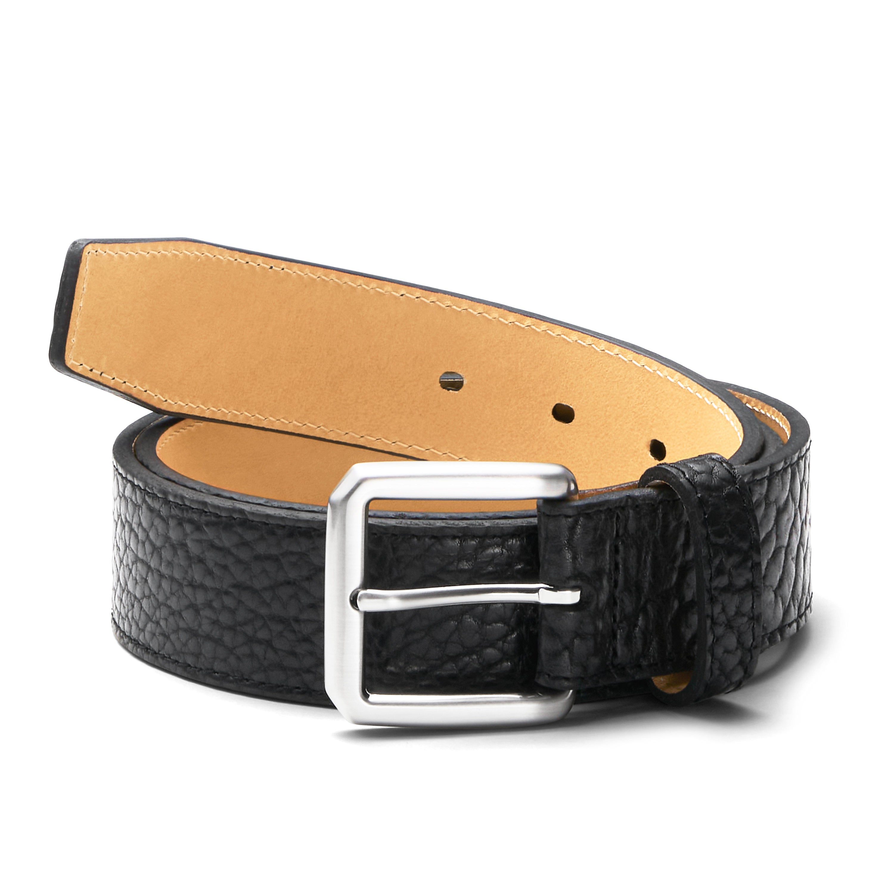 3,5cm eleganter breiter Herren Bisonleder Gürtel in schwarz mit natureller Rückseite und silberner