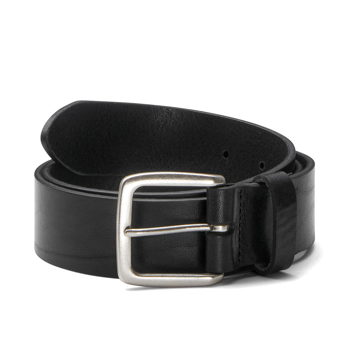 klassischer unisex Jeansgürtel aus schwarzem Rindleder, 4cm breit, weich, mit silberner Schnalle