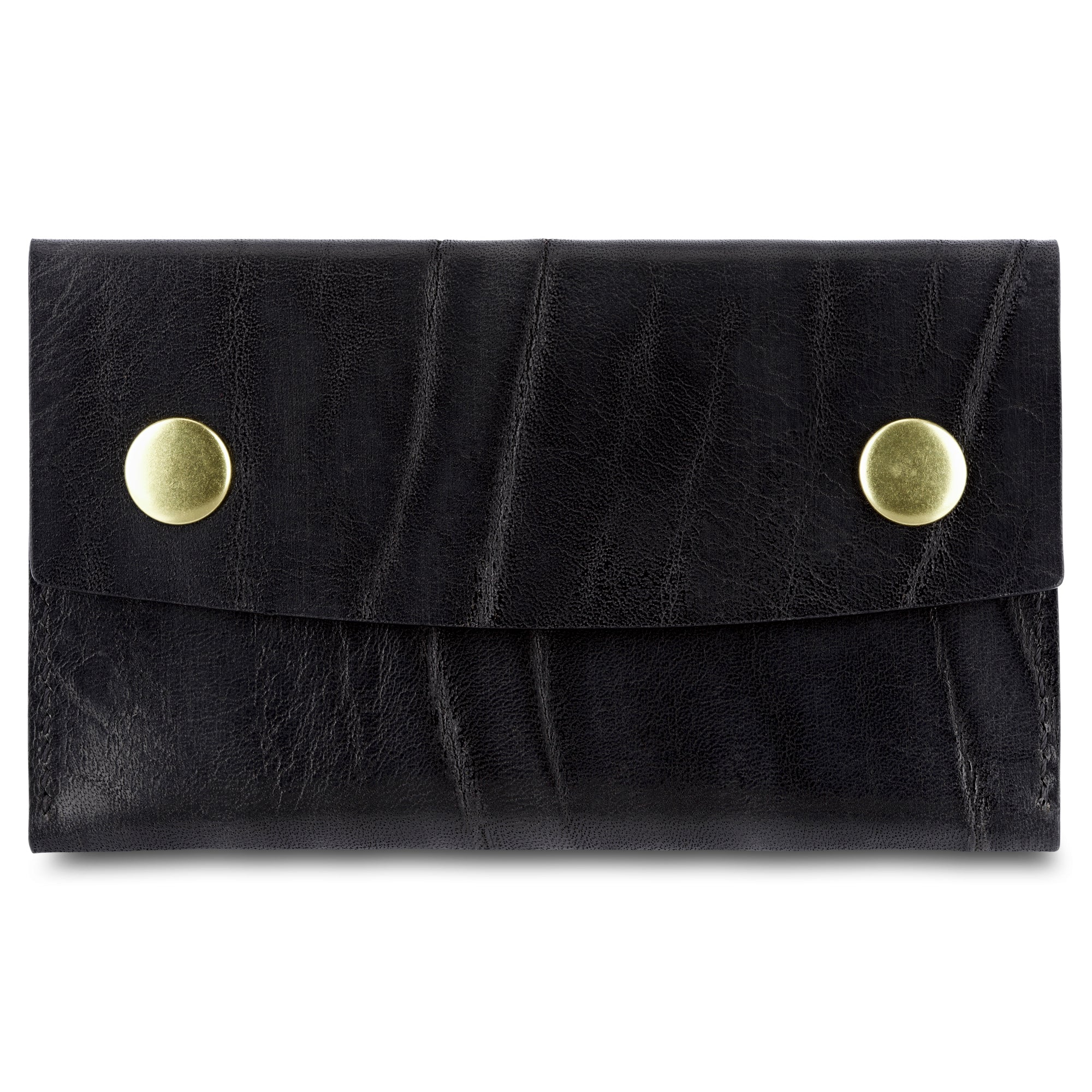 Kleines Kartenetui aus schwarzem Leder für Scheine, Karten und ein paar Münzen. Sicherer Verschluss mit zwei Messing Druckknöpfen.