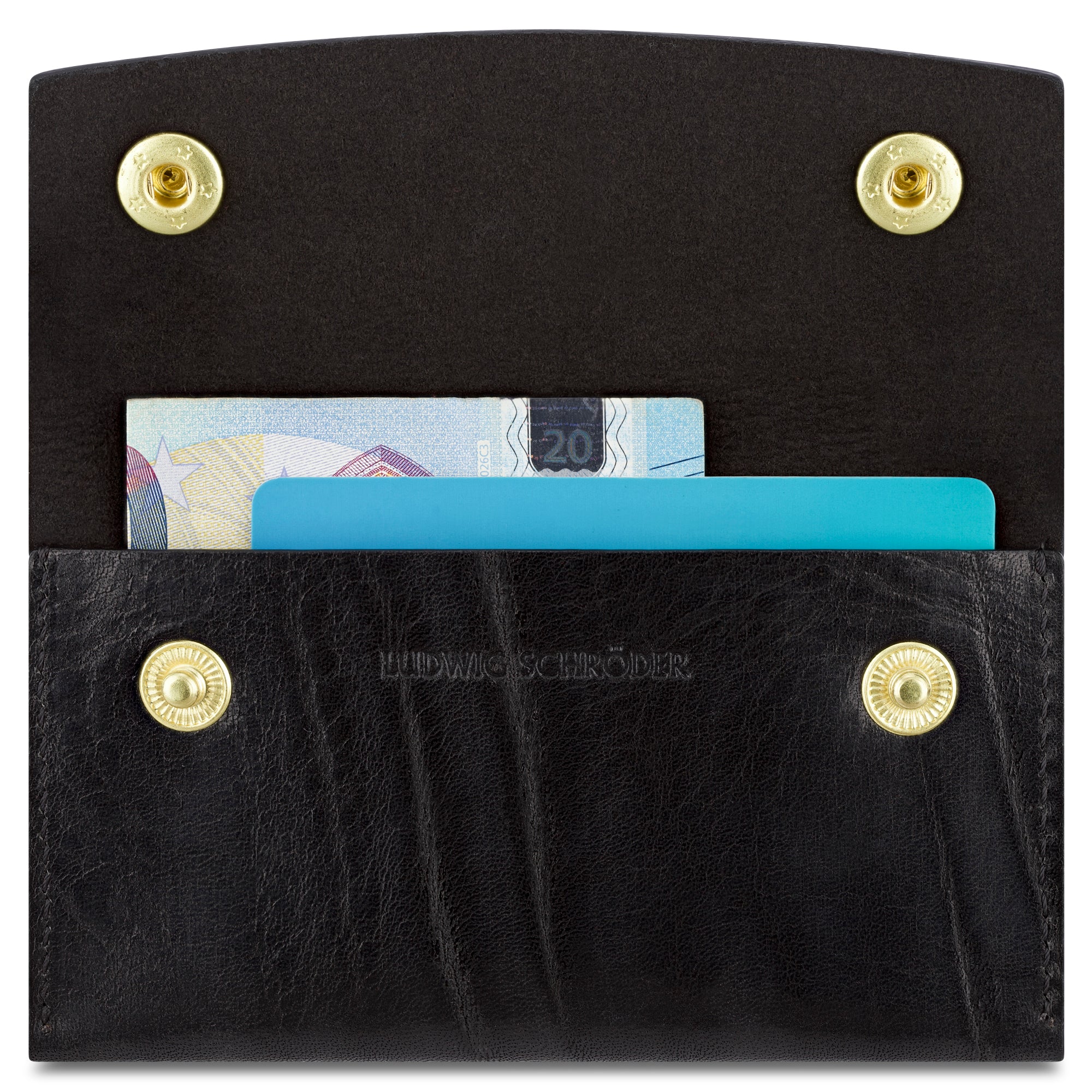 Kleines Kartenetui aus schwarzem Leder für Scheine, Karten und ein paar Münzen. Sicherer Verschluss mit zwei Messing Druckknöpfen.