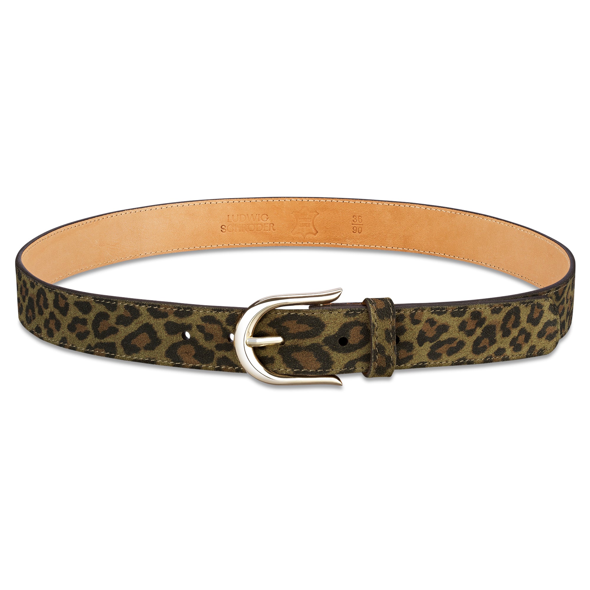 schmaler, weicher Leoparden Gürtel in oliv für Damen aus Veloursleder mit Leo-Print und Goldschnalle, Rückseite naturell