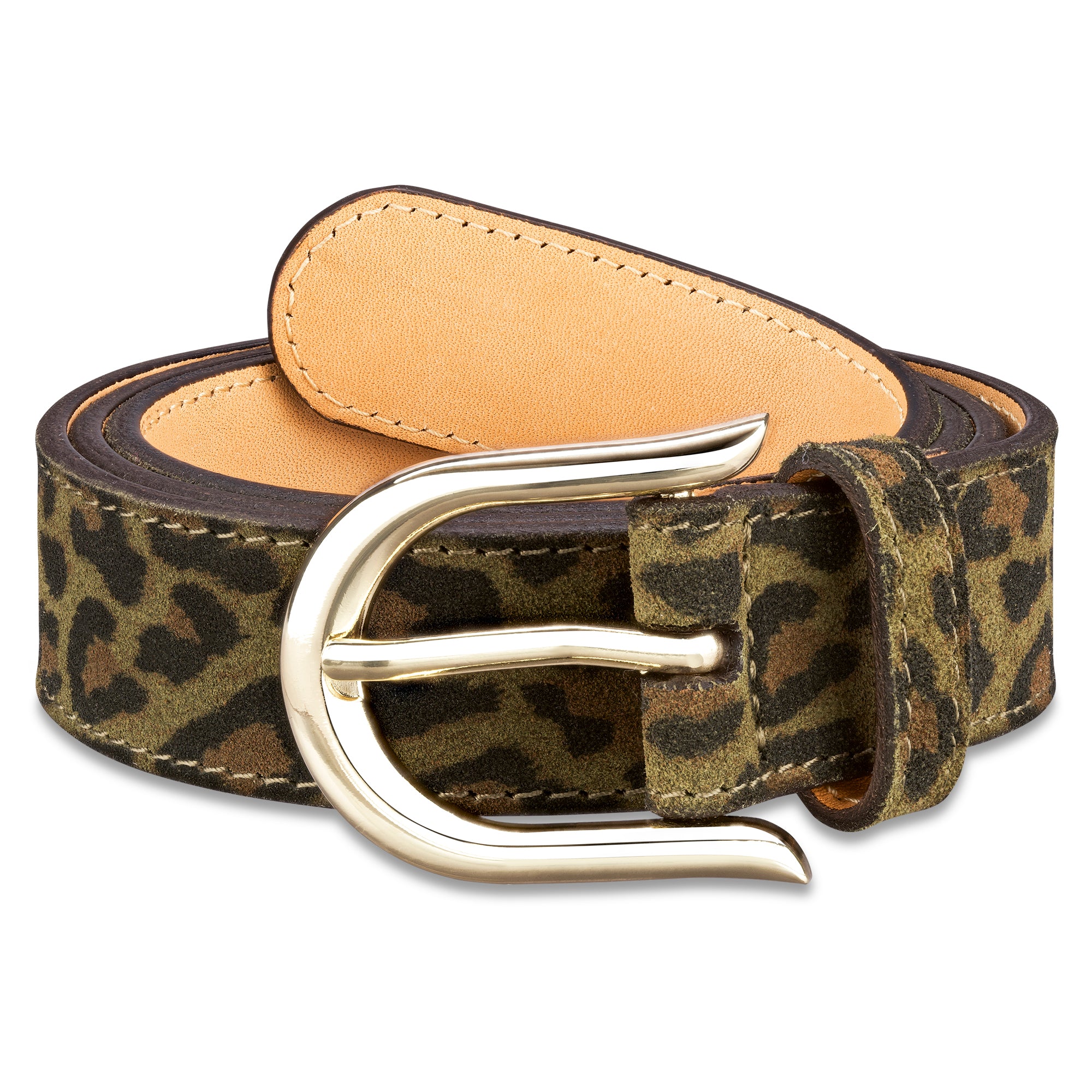 schmaler, weicher Leoparden Gürtel in oliv für Damen aus Veloursleder mit Leo-Print und Goldschnalle, Rückseite naturell