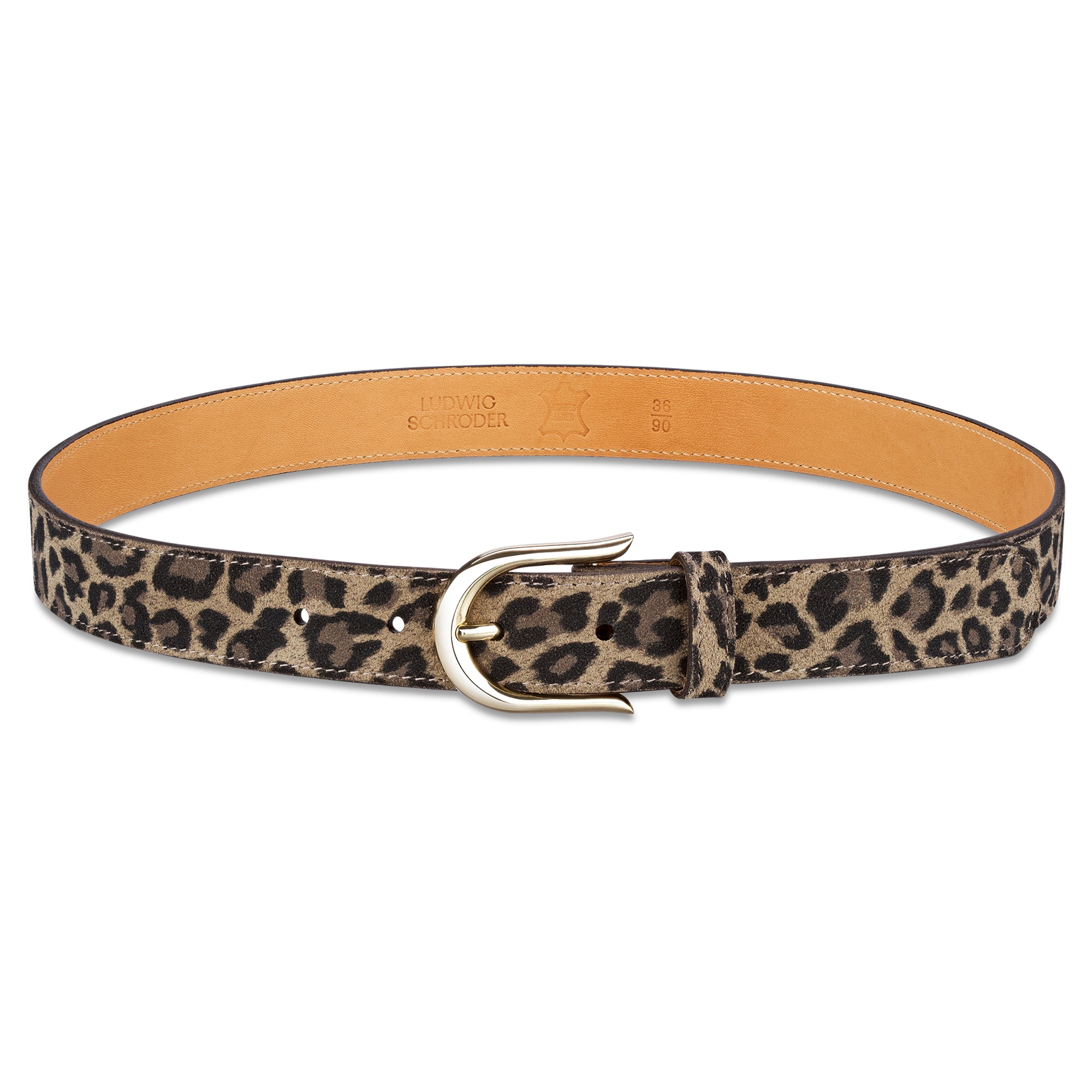 beiger schmaler Leoparden Gürtel für Damen aus Veloursleder mit Leo-Print und Goldschnalle