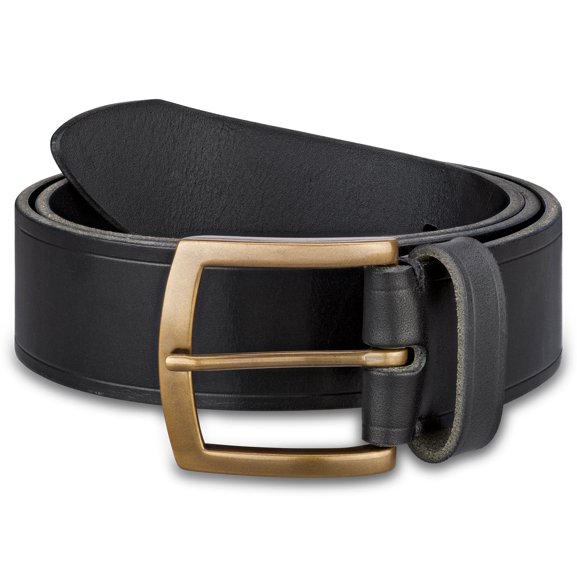 4m breiter Herren Ledergürtel aus pflanzlich gegerbtem Leder in Schwarz kombiniert mit handgegossener Bronzeschnalle. Die Gürtelschnalle ist mit einem dicken Sattlergarn handvernäht. Die Spitze ist spitz zulaufend.