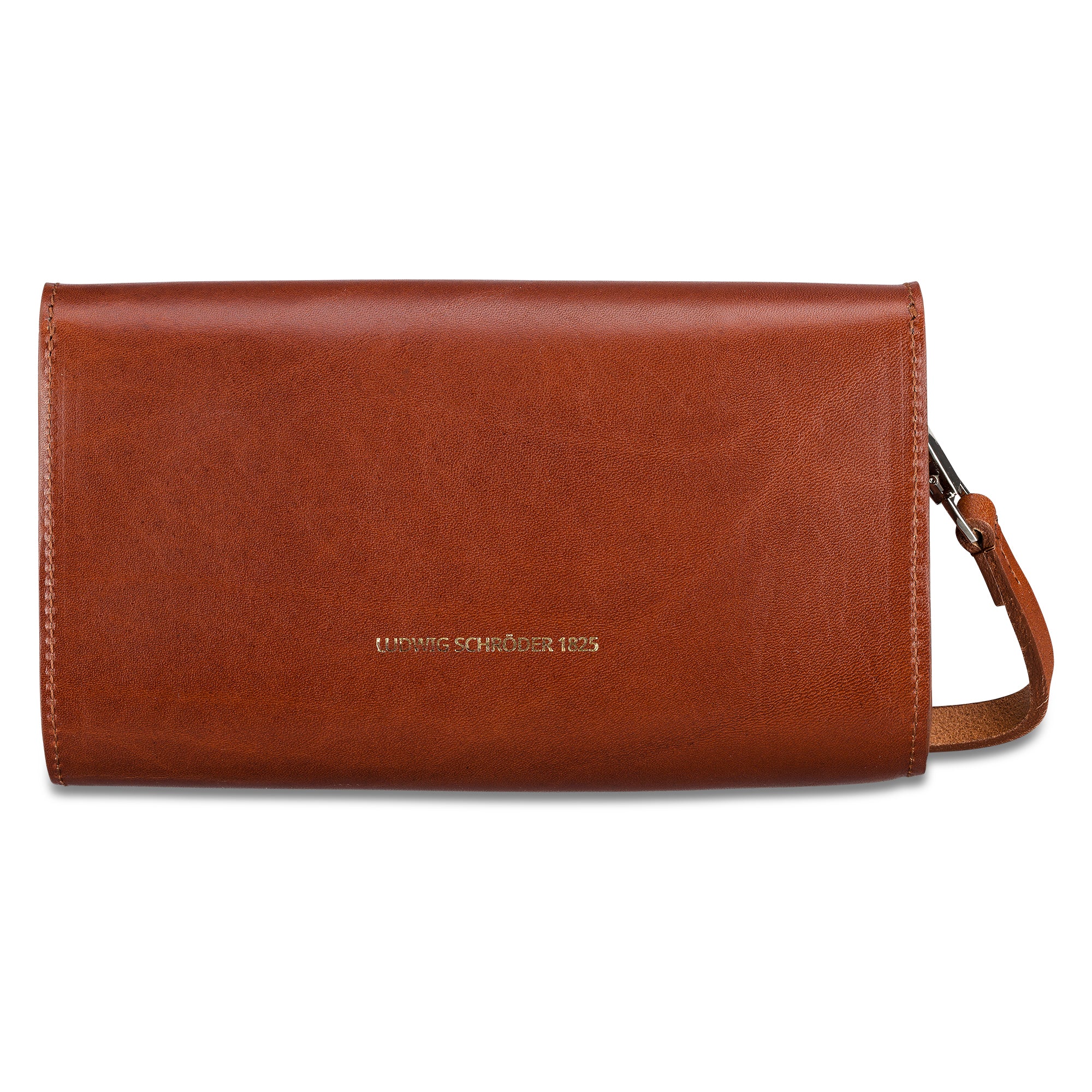 Edle kleine Lederhandtasche aus pflanzlich gegerbtem Leder in Cognac. Hier die Rückansicht mit Logoprägung. Schmaler Riemen zum Umhängen, befestigt mit kleinen silbernen Karabinern.