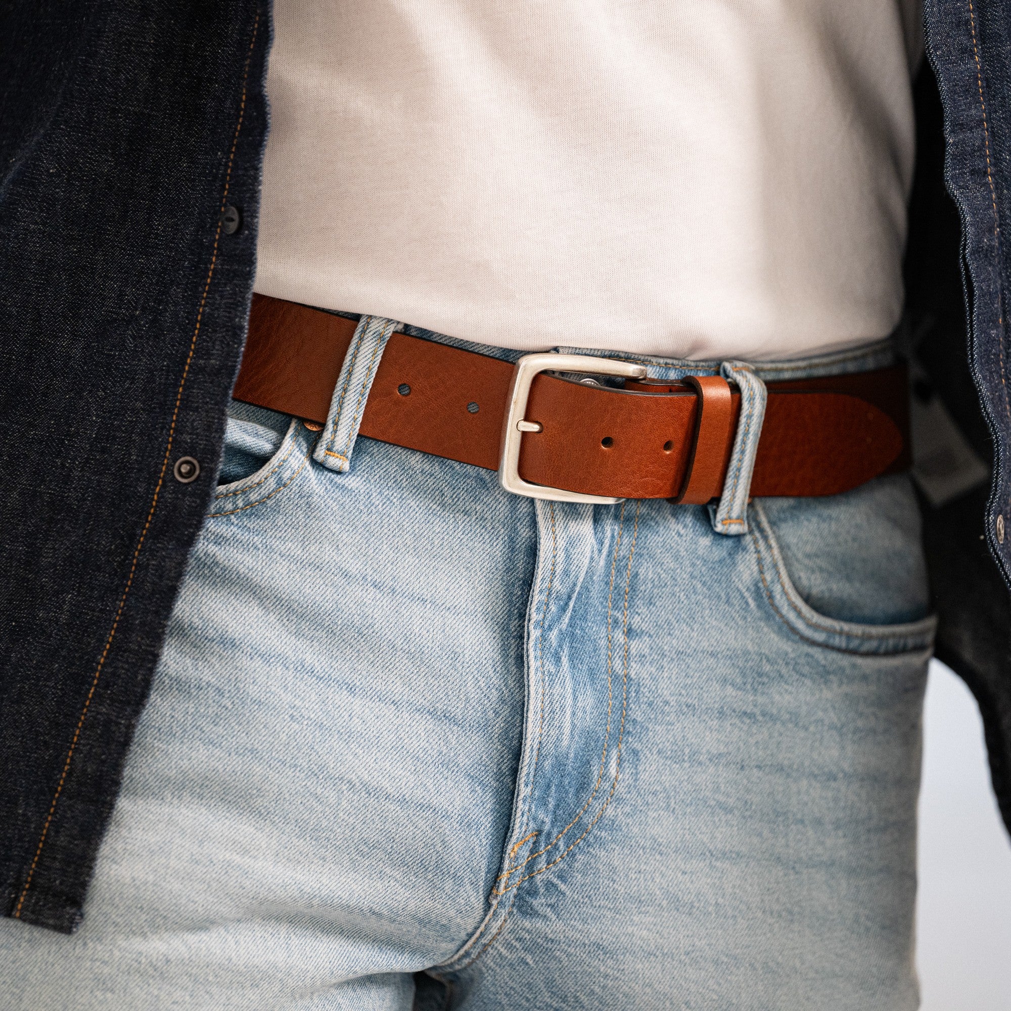 Klassischer Ledergürtel für Jeans in Cognac - "Toni": 4 cm, handgefertigt aus hochwertigem Leder aus der Toskana