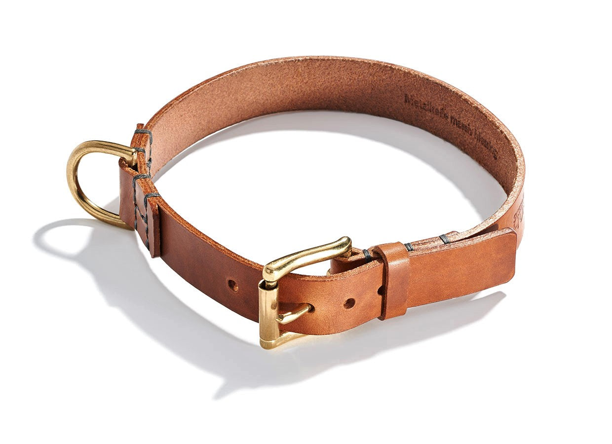 robustes Hudnehalsband aus hellbraunem Geschirrleder mit Messing Verschluss