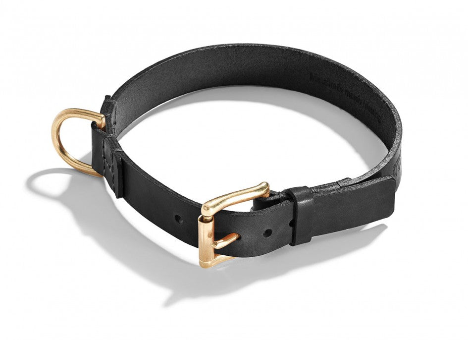 robustes Halsband aus schwarzem Geschirrleder mit Messing Verschluss