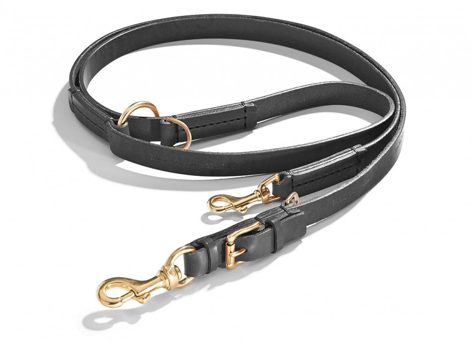 robuste schwarze Hundeleine aus Geschirrleder mit Messing Metall