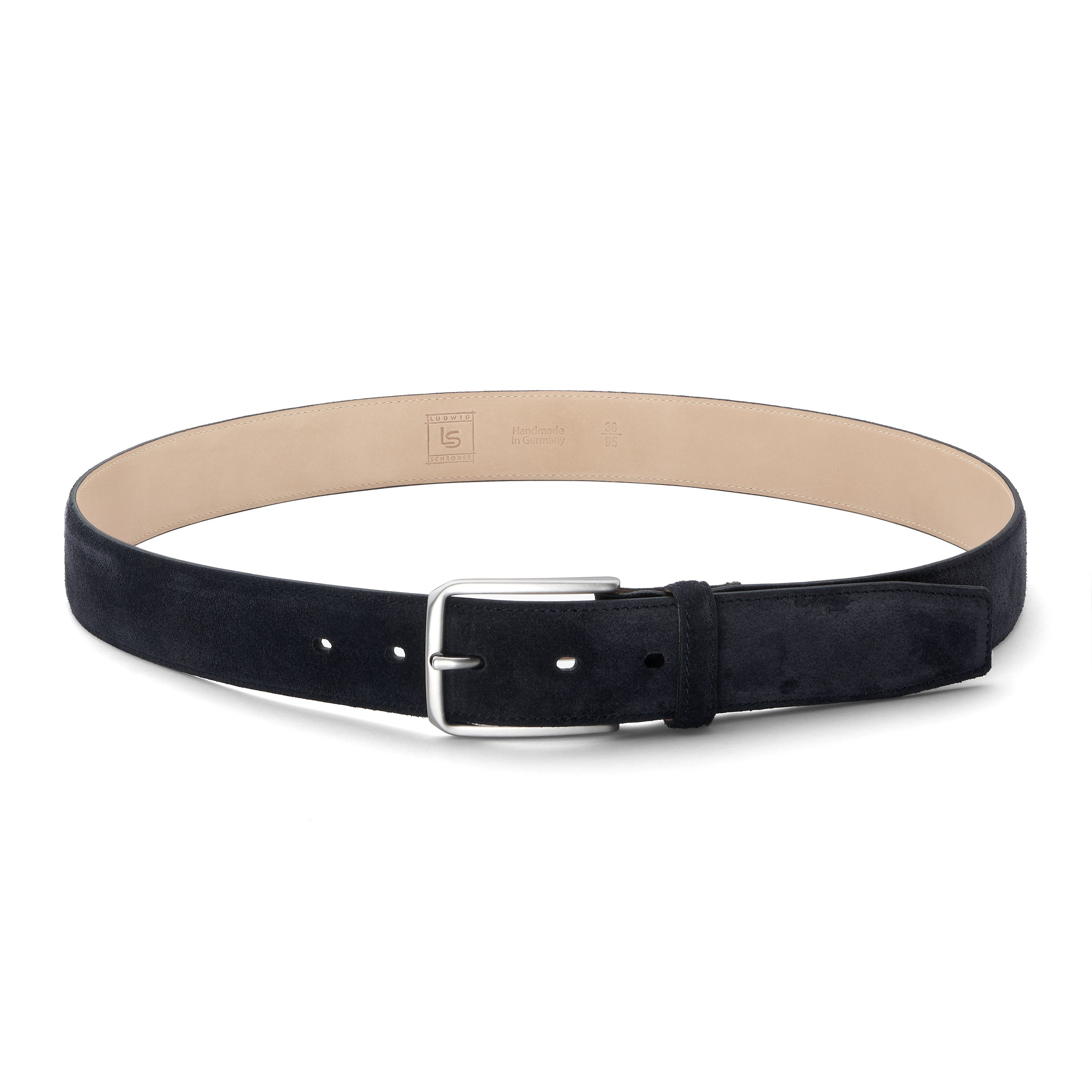 Handgemachter Herren Velours Ledergürtel in schwarz, bombiert und genäht. Silberfarbene Schnalle, naturelle Rückseite, Trapez-Spitze