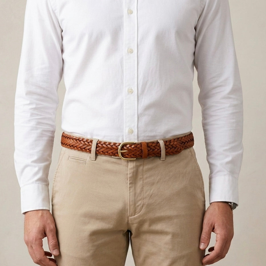 Handeflochtener Ledergürtel „Andrea“ in Hellbraun – Unisex Flechtgürtel, 3 cm breit, mit Gold-Schnalle