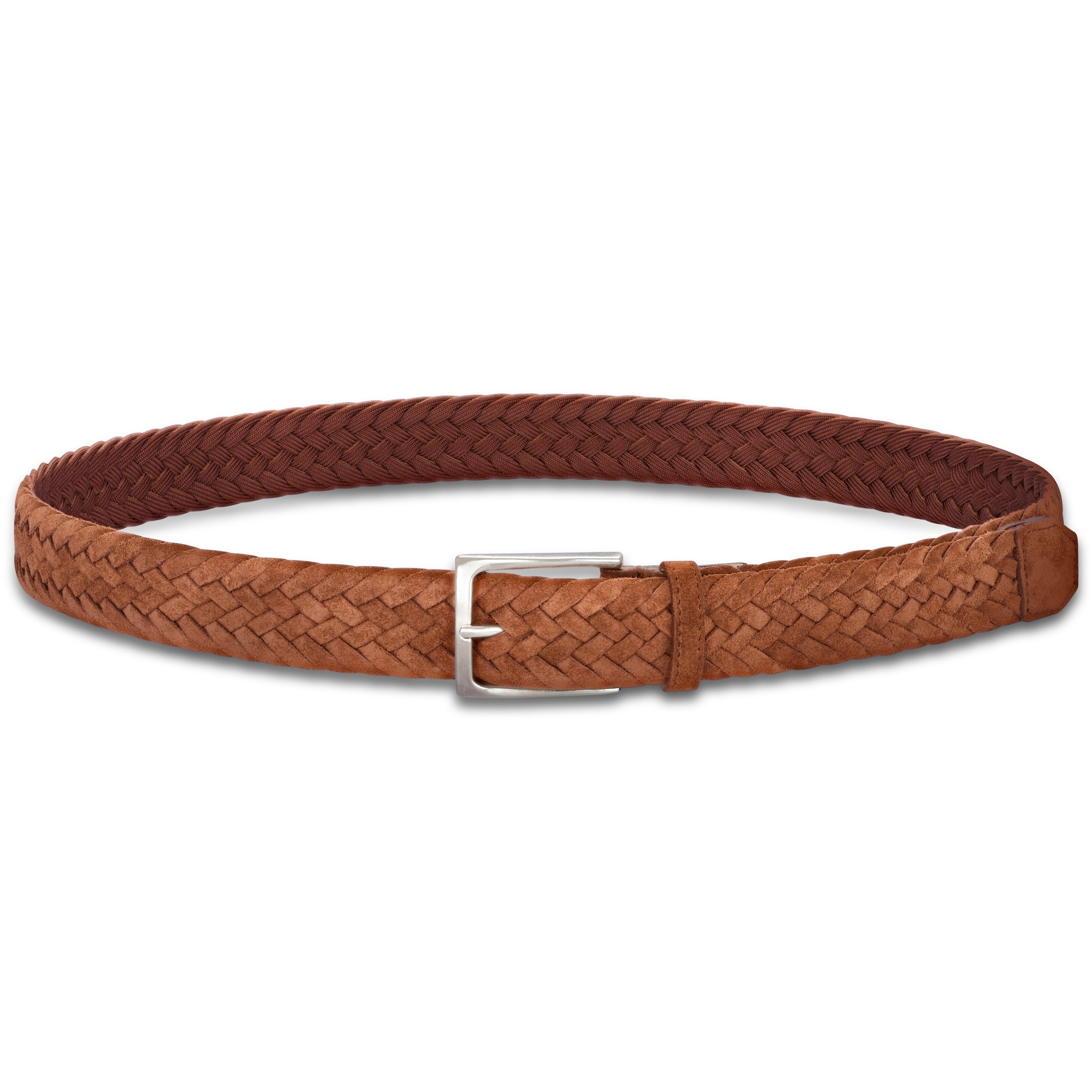 Leichter Herren Flechtgürtel aus Veloursleder: „Francesco“ in Cognac – 3,5 cm breit