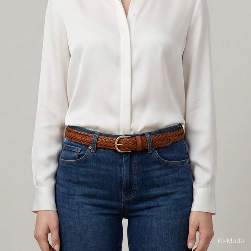 Geflochtener Ledergürtel „Andrea“ in Hellbraun – Unisex Flechtgürtel, 3 cm breit, mit Gold-Schnalle