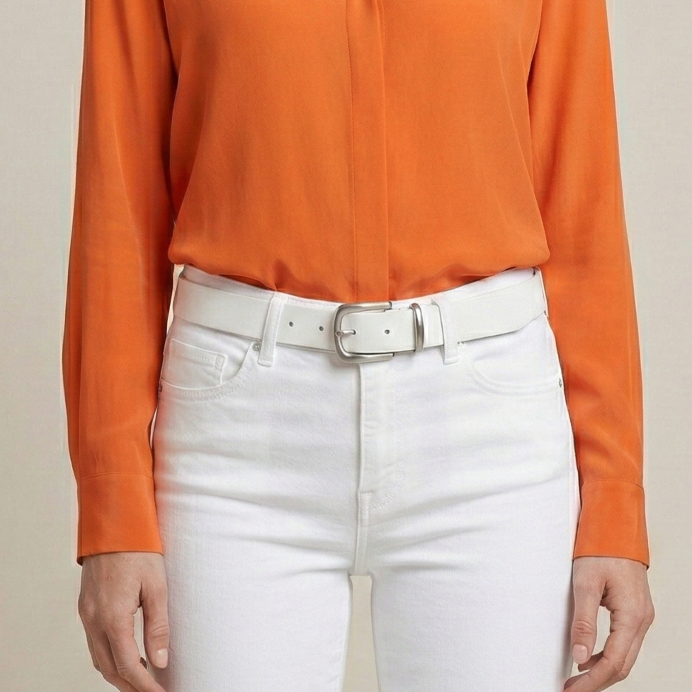 Eleganter 3cm Damengürtel „Alexandra" in Weiß – Schmaler Gürtel mit Messingschnalle und Schlaufe, handgefertigt in Norddeutschland