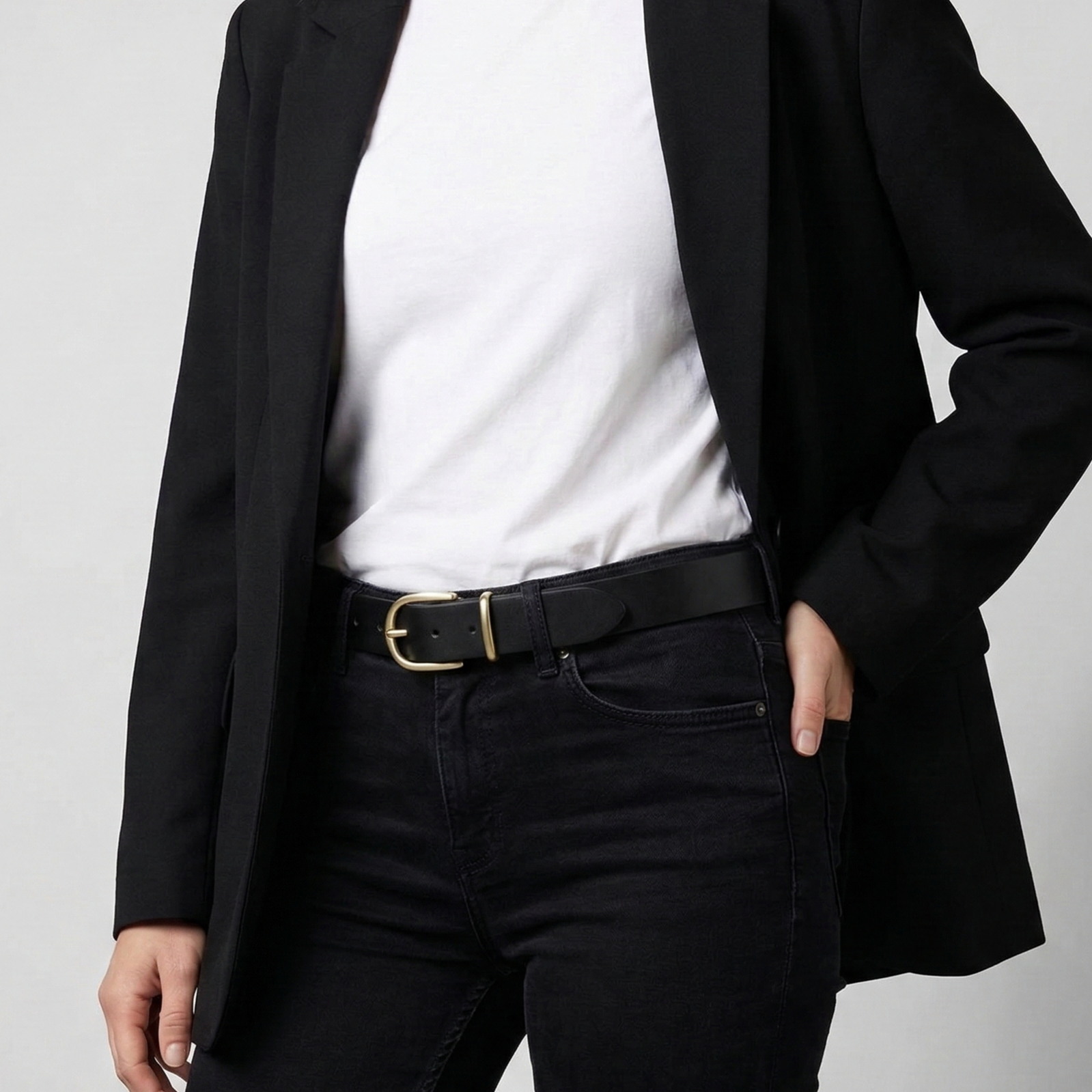 Weicher Jeansgürtel für Damen, Ledergürtel „Antonia" in Schwarz, 3,5cm breit, Gold-Schnalle satiniert