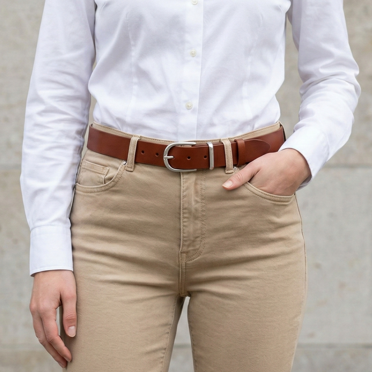 Weicher Jeansgürtel für Damen, Ledergürtel „Antonia" in Cognac, 3,5cm breit, Silberschnalle