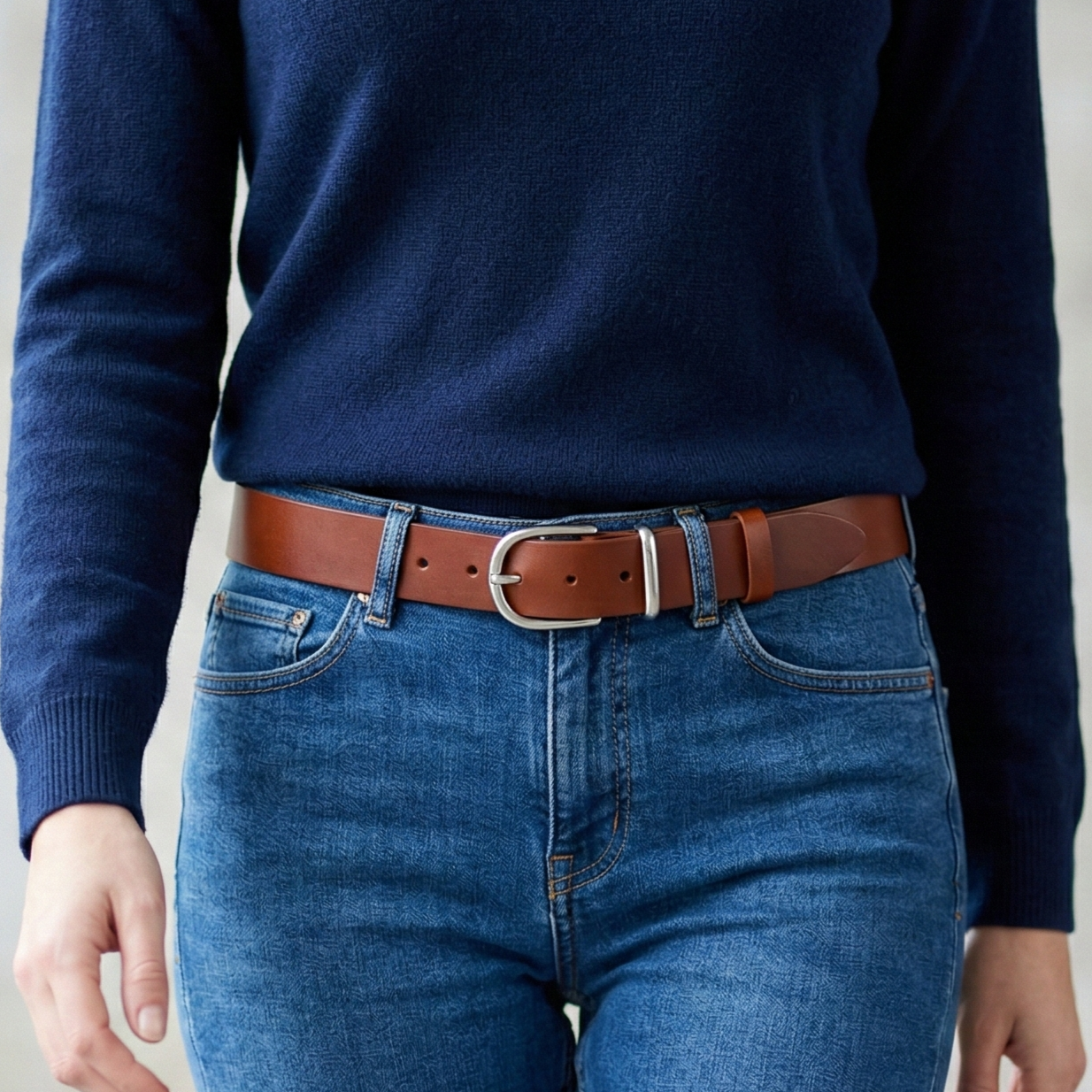 Weicher Jeansgürtel für Damen, Ledergürtel „Antonia" in Cognac, 3,5cm breit, Silberschnalle