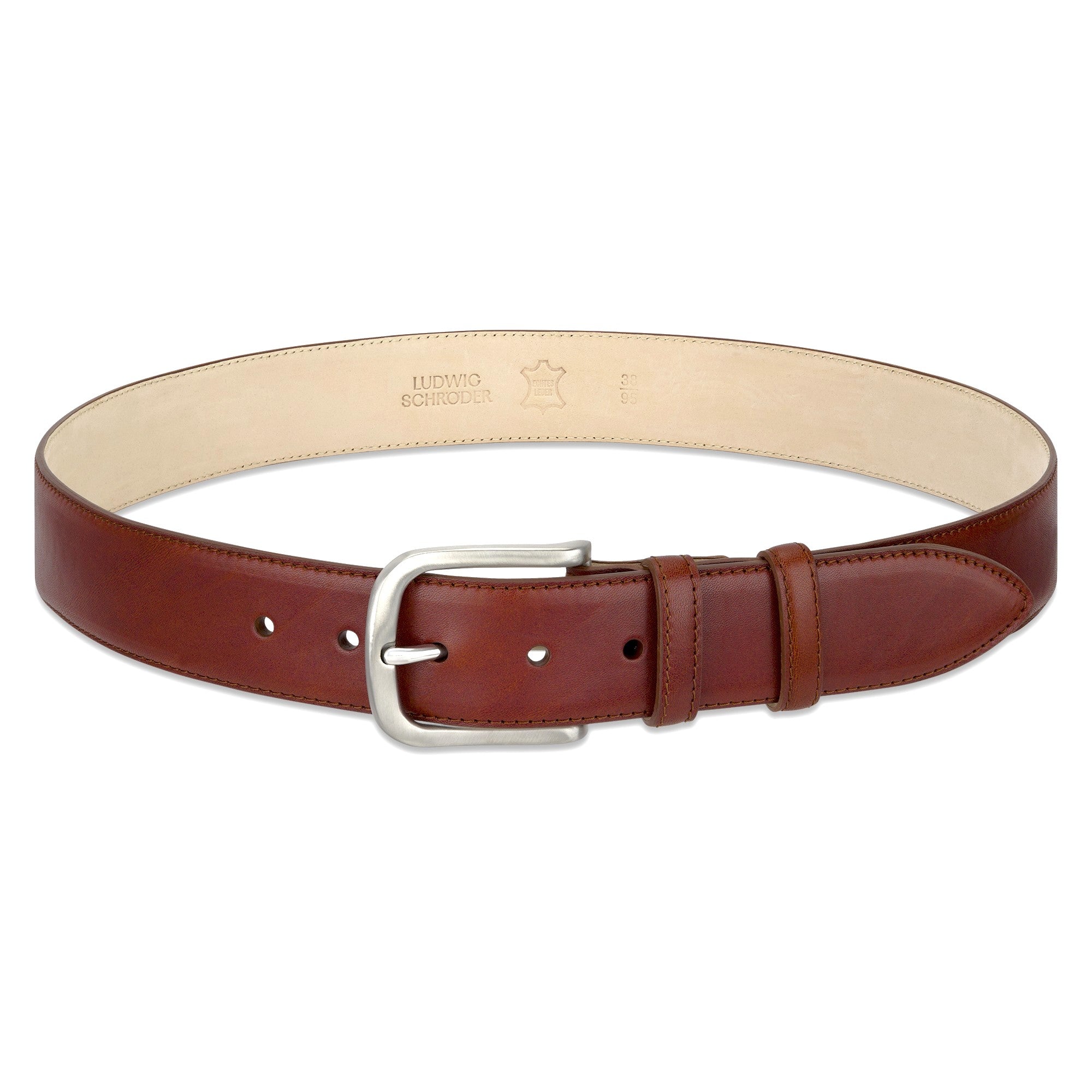 Lebenslang-Gürtel: nachhaltiger Herren Ledergürtel in Cognac: „Hannes“ – 4 cm breit, edler Jeansgürtel mit massiver Edelstahlschnalle
