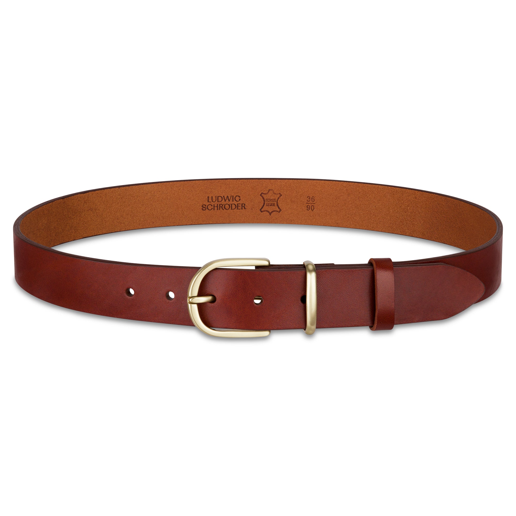 Weicher Jeansgürtel für Damen, Ledergürtel „Antonia" in Cognac, 3,5cm breit, Gold-Schnalle satiniert