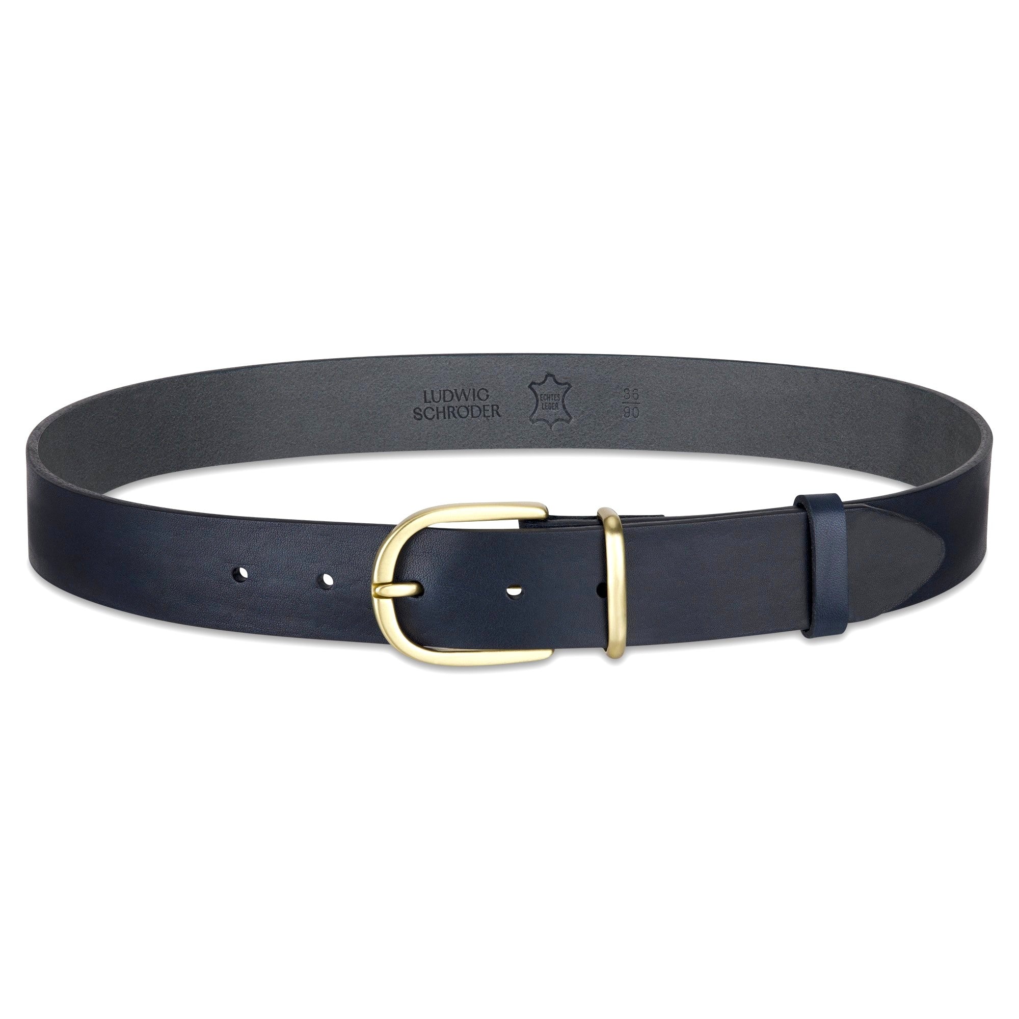 Weicher Jeansgürtel für Damen, Ledergürtel „Antonia" in Blau, 3,5cm breit, helle Gold-Schnalle Satiniert