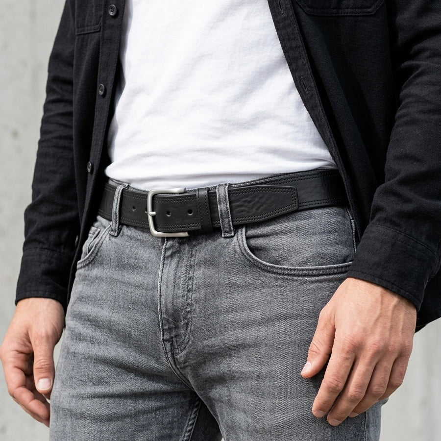 Schwarzer Herren Jeansgürtel „Vittorio“: 4 cm breit, weicher Gürtel aus hochwertigem Rindleder aus der Toskana mit Ziernaht