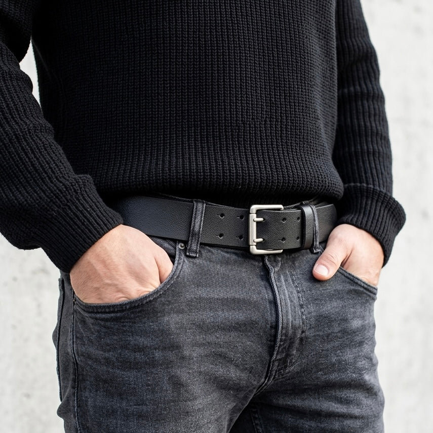 Bio-Leder Gürtel in Schwarz  – „Heinrich“: 4 cm breit, pflanzlich gegerbtes Albbüffel-Leder von der Schwäbischen Alb