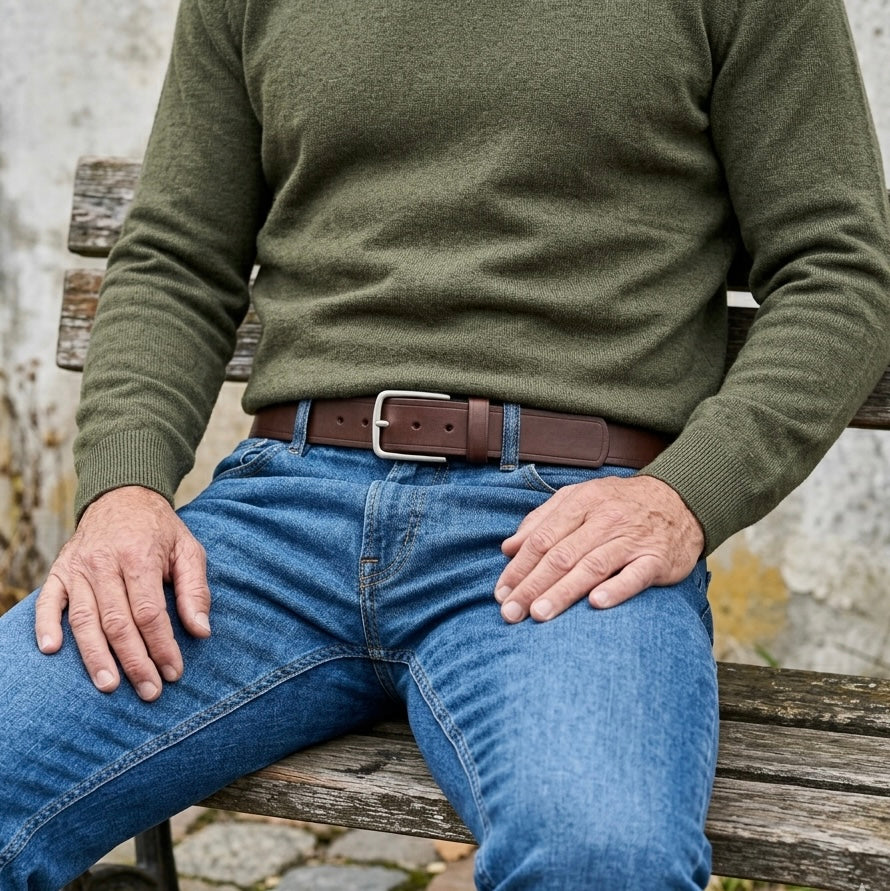 Treuer Begleiter: komfortabler Herren Jeansgürtel mit massiver Edelstahl-Schnalle, 4 cm breit: „Jakob“ in Braun – süddeutsche Bullen-Hälse 4-5mm dick