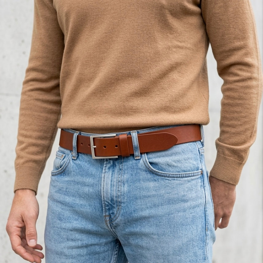 Bestseller: Herren Jeansgürtel in Cognac, 4 cm breit: „Vincent“ – unser all-time-classic Ledergürtel zur Jeans - weich und anschmiegsam