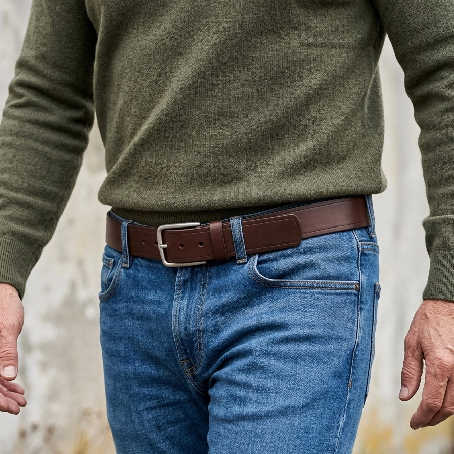 Treuer Begleiter: komfortabler Herren Jeansgürtel mit massiver Edelstahl-Schnalle, 4 cm breit: „Jakob“ in Braun – süddeutsche Bullen-Hälse 4-5mm dick