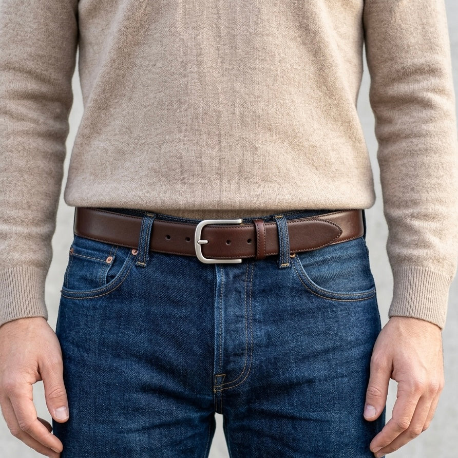 Lebenslang-Gürtel: nachhaltiger Herren Ledergürtel in Braun: „Hannes“ – 4 cm breit, edler Jeansgürtel mit massiver Edelstahlschnalle