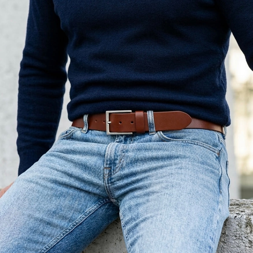 Bestseller: Herren Jeansgürtel in Cognac, 4 cm breit: „Vincent“ – unser all-time-classic Ledergürtel zur Jeans - weich und anschmiegsam