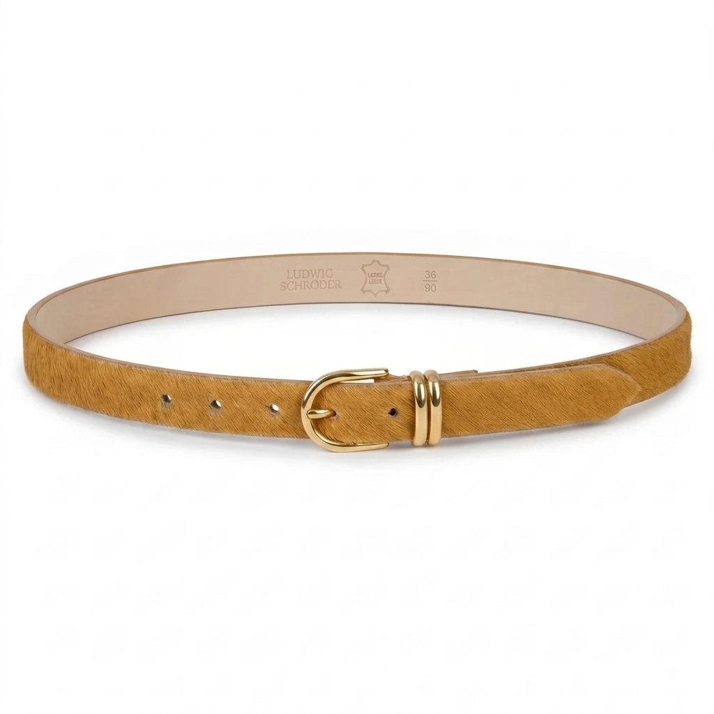 Damen Fell-Gürtel „Emi" – Kuhfell Gürtel "Camel" mit goldener Schnalle, 2,5 cm schmaler Ledergürtel für Damen