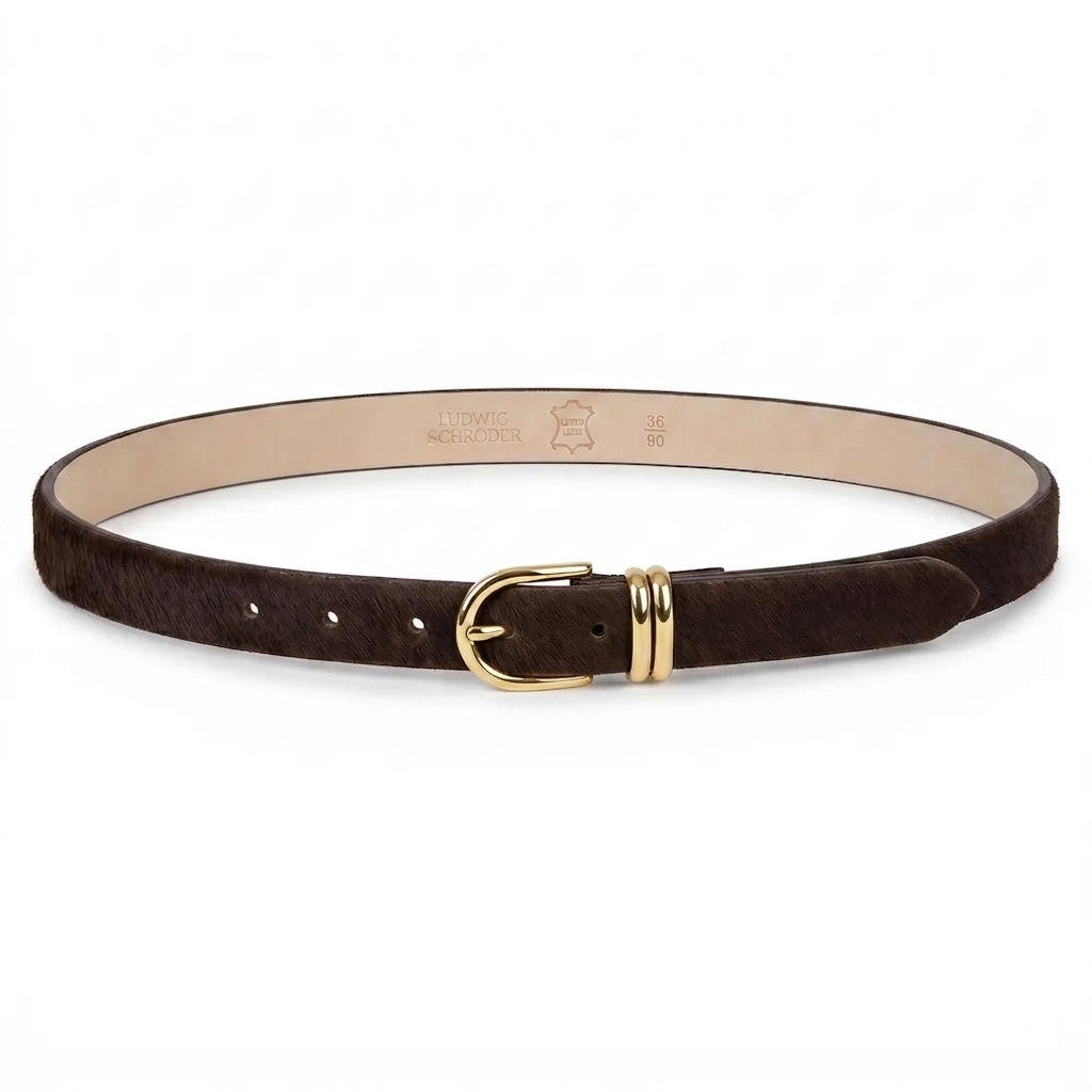 Damen Fell-Gürtel „Emi" – Kuhfell Gürtel "Dunkelbraun" mit goldener Schnalle, 2,5 cm schmaler Ledergürtel für Damen