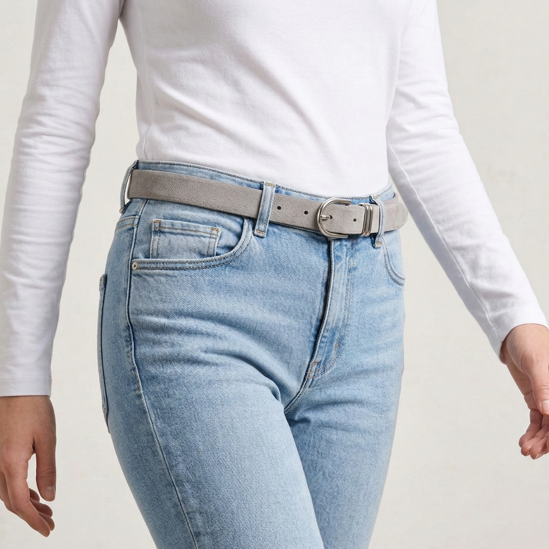 Damen Wildleder-Gürtel „Leni" in Hellgrau – Veloursleder, 2,5 cm schmal