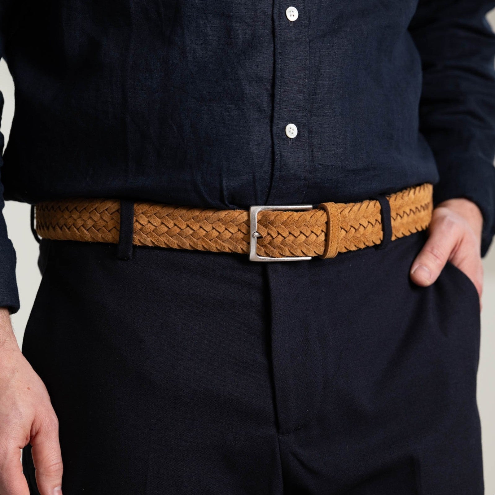 Leichter Herren Flechtgürtel aus Veloursleder: „Francesco“ in Caramel – 3,5 cm breit