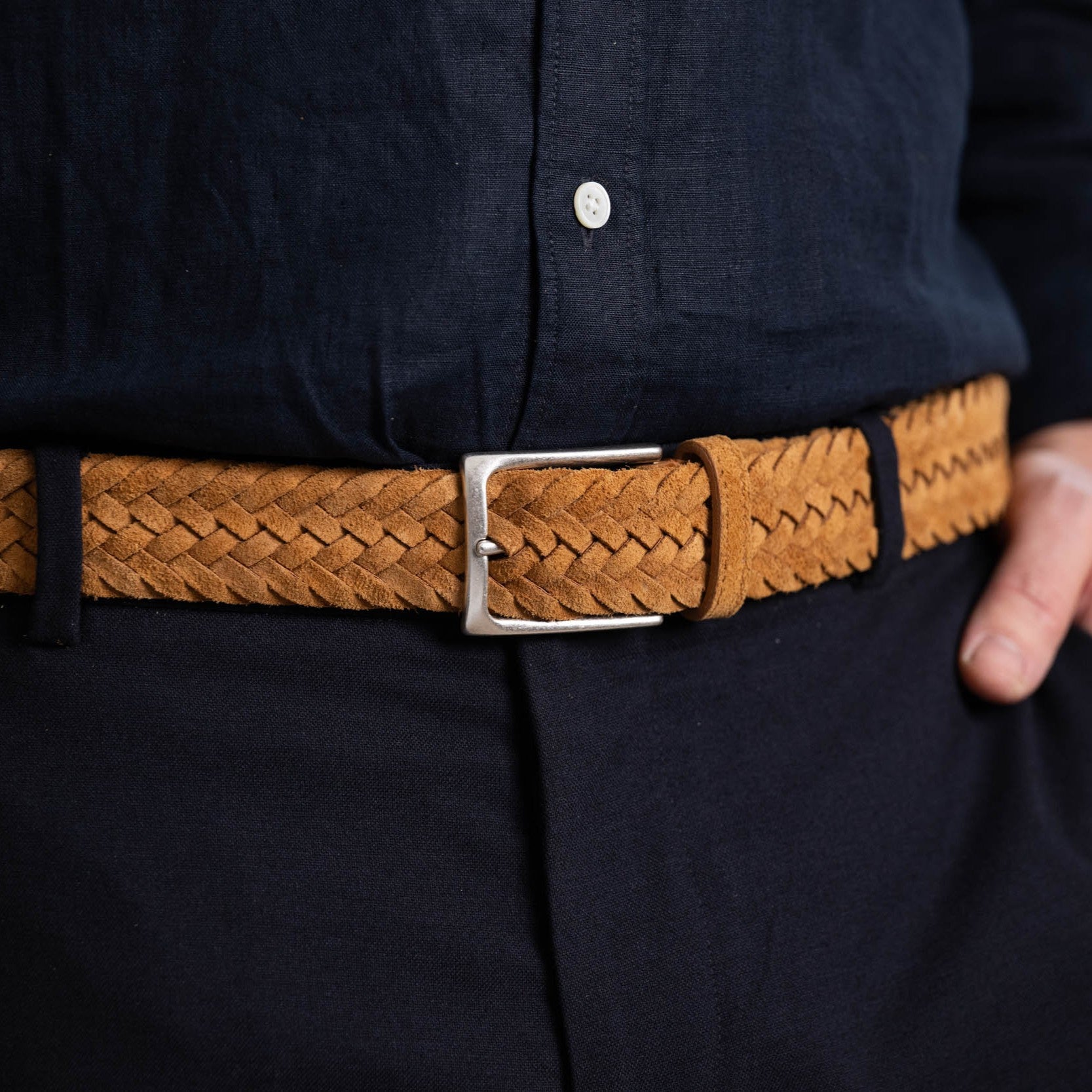 Leichter Herren Flechtgürtel aus Veloursleder: „Francesco“ in Caramel – 3,5 cm breit