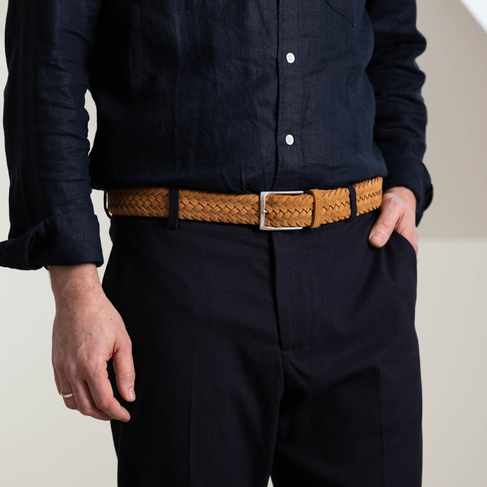 Leichter Herren Flechtgürtel aus Veloursleder: „Francesco“ in Caramel – 3,5 cm breit