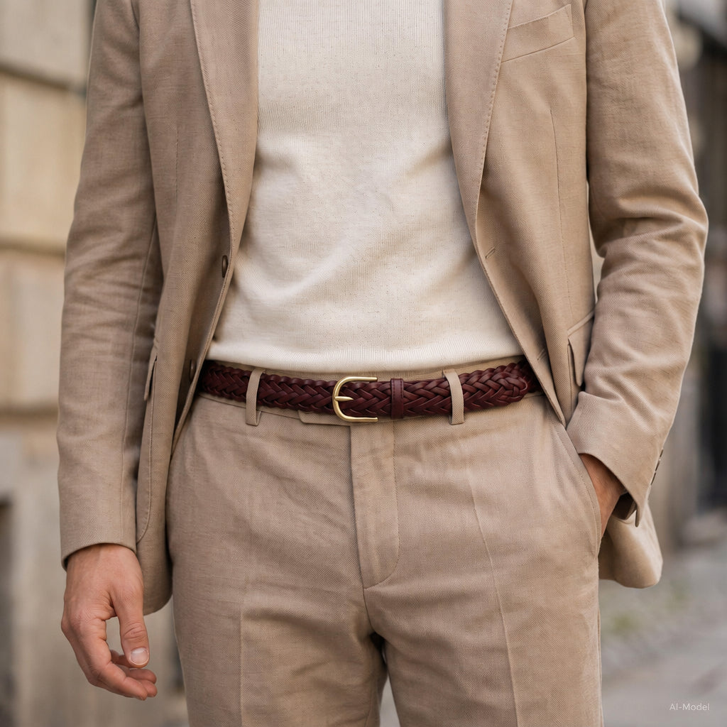Flechtgürtel Bordeaux - „Andrea“: 3 cm, handgeflochten, Schnalle in Gold