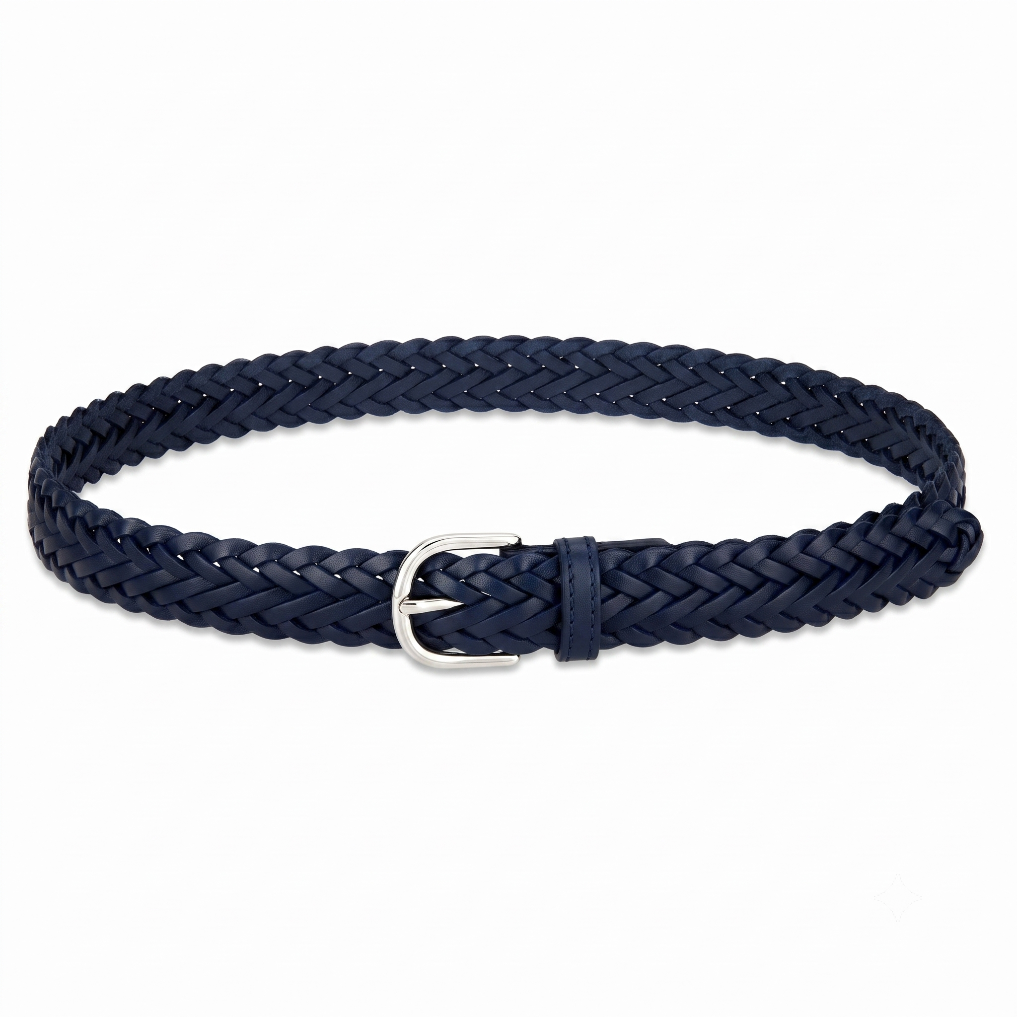 Geflochtener Ledergürtel „Andrea“ in Dunkelblau – Unisex Flechtgürtel, 3 cm breit, mit Silber-Schnalle