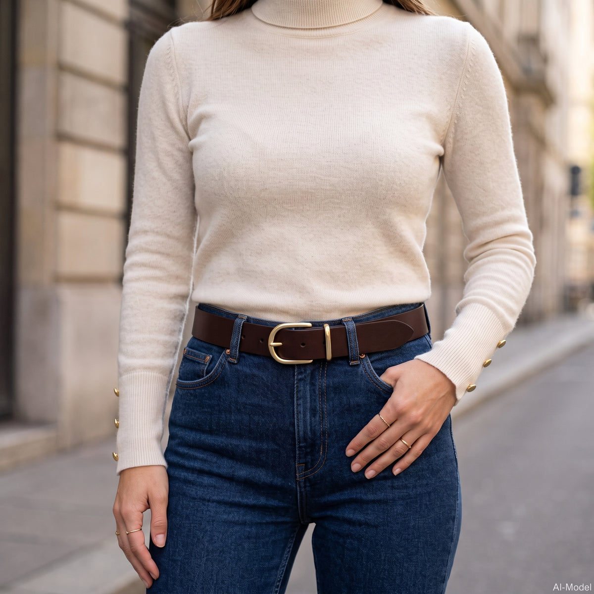 Weicher Jeansgürtel für Damen, Ledergürtel „Antonia" in Braun, 3,5cm breit, goldene Schnalle Satiniert