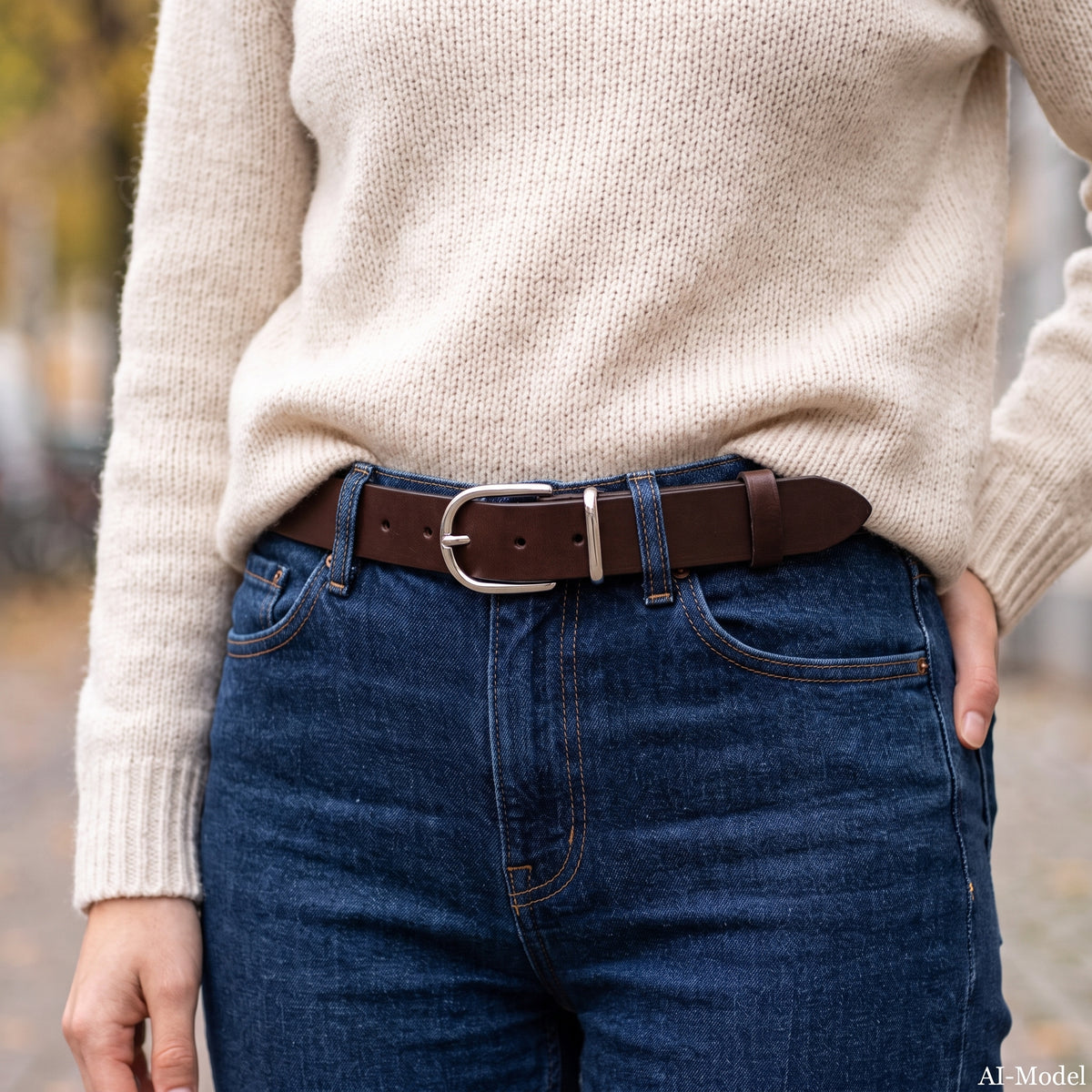 Weicher Jeansgürtel für Damen, Ledergürtel „Antonia" in Braun, 3,5cm breit, Silberschnalle